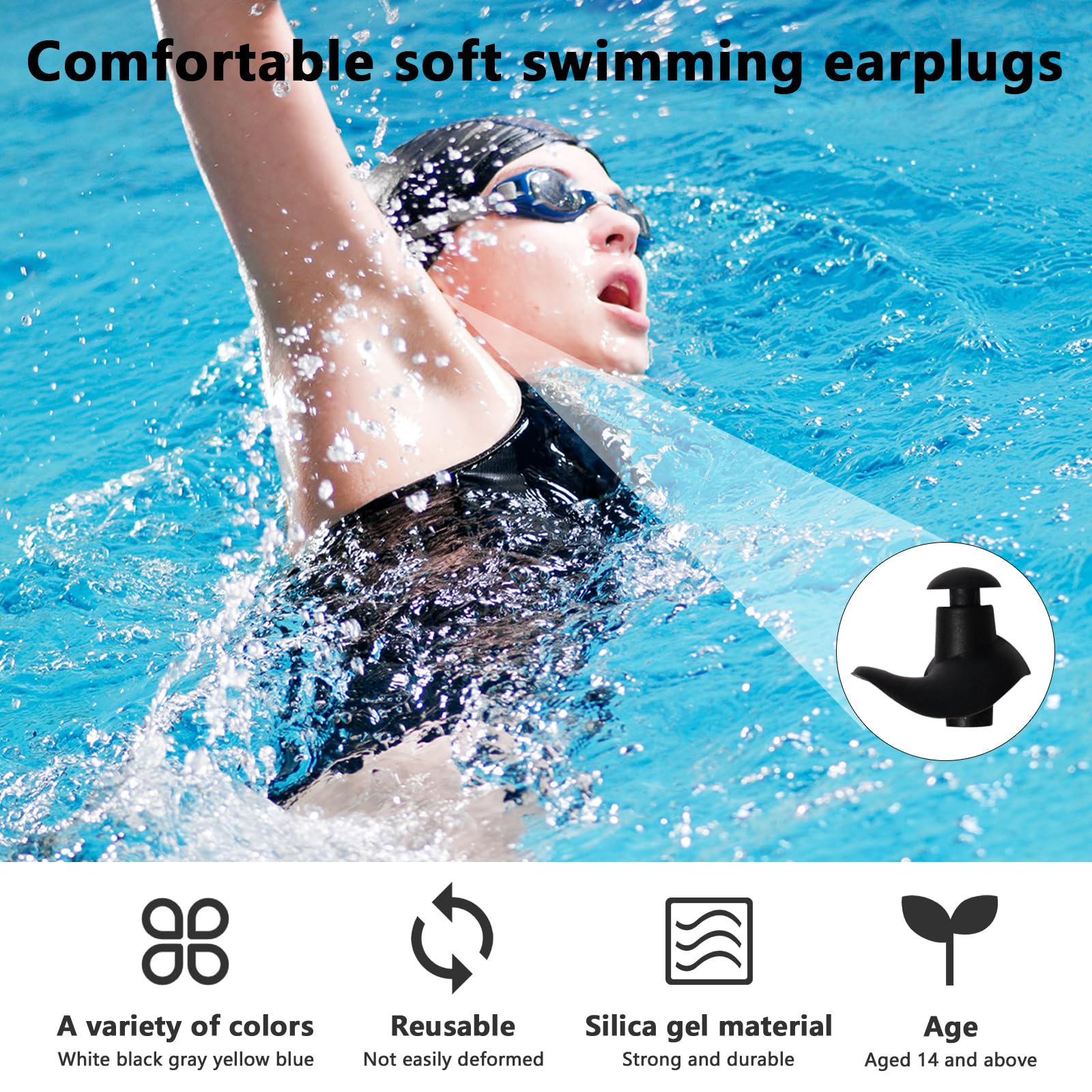 Tapones para los oídos de natación, 5 pares de tapones de silicona impermeables y reutilizables, incluye clips de nariz para natación, ducha, baño, surf, esnórquel
