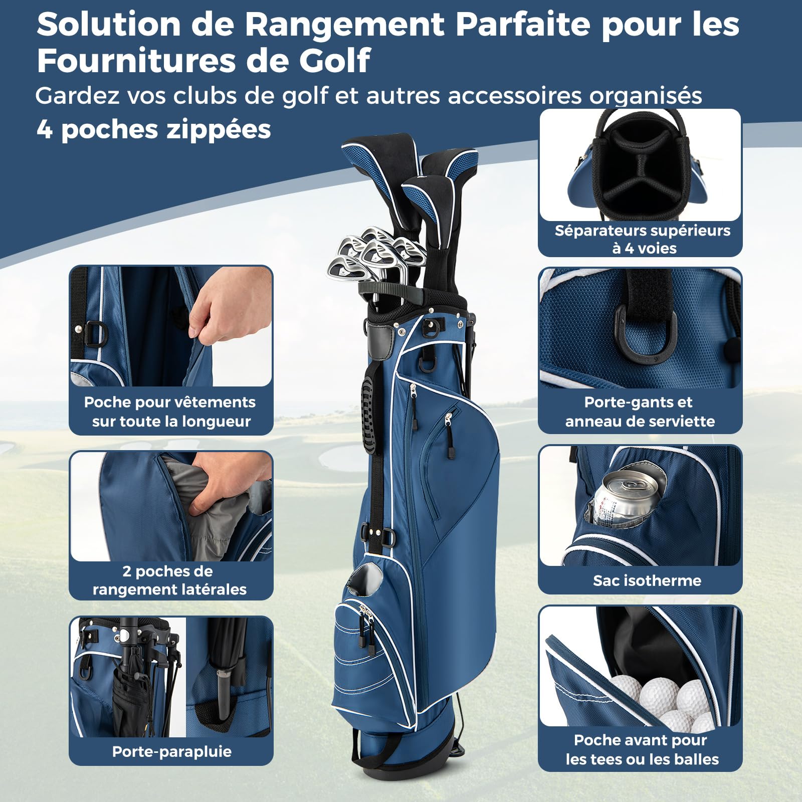 COSTWAY Sac de Golf Trépied à Compartiments à 4 Voies, Sac de Transport pour Golf avec 4 Poches Zippées Sac Isotherme Bandoulière Double, pour Club de Golf Vacances (Bleu)