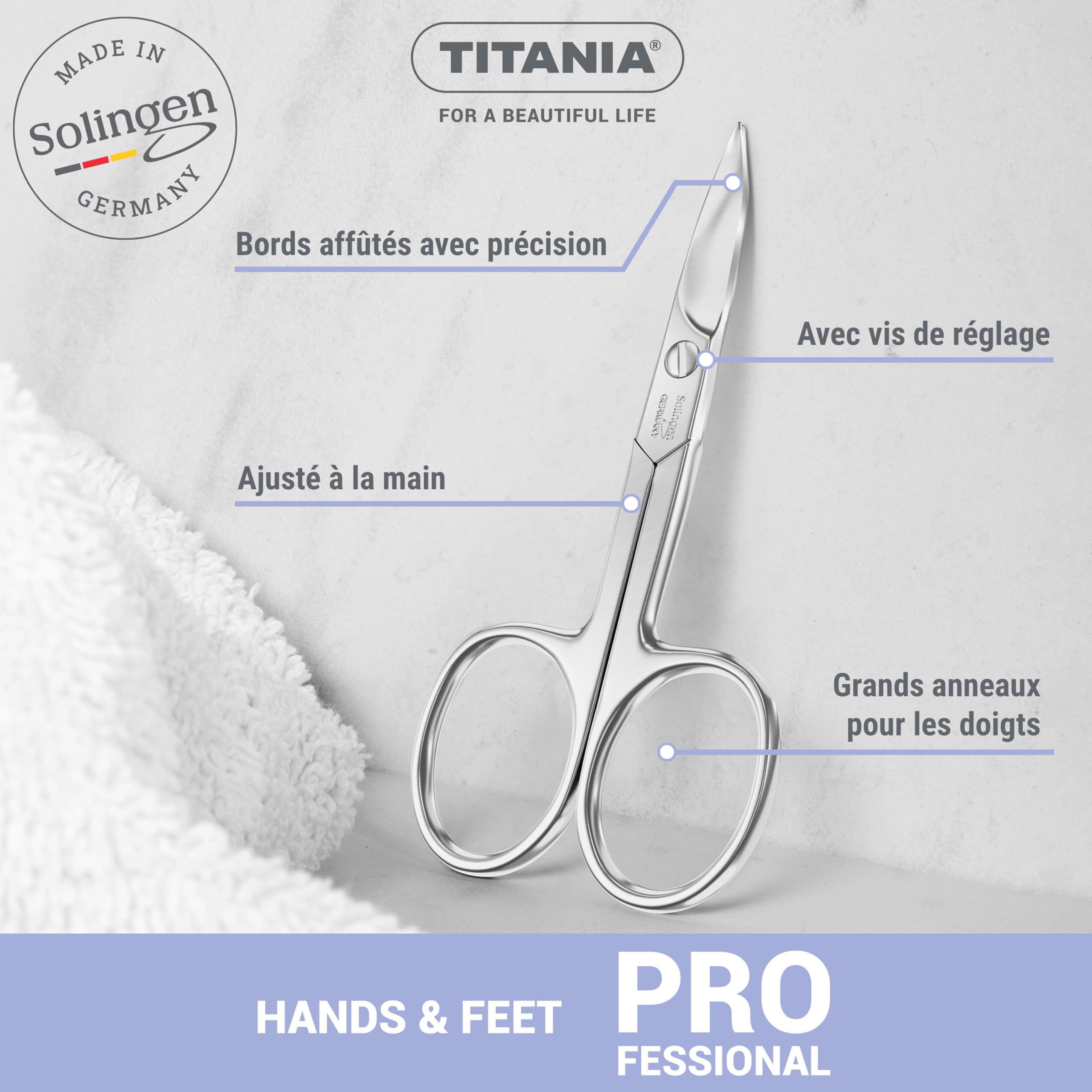 TITANIA Ciseaux à Ongles Solingen (9,5 cm) • Courbés et Extra Tranchants • Pour une manucure professionnelle • Acier au Carbone • Fabriqués en Allemagne