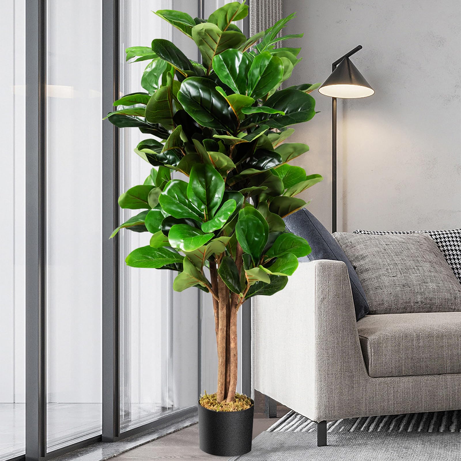 COSTWAY Ficus Lyrata Artificiale da 1,2 Metri, Pianta Finta con Foglie Realistiche in PEVA, Pianta Artificiale da Interno ed Esterno con Vaso in PP, Ideale per Casa e Ufficio