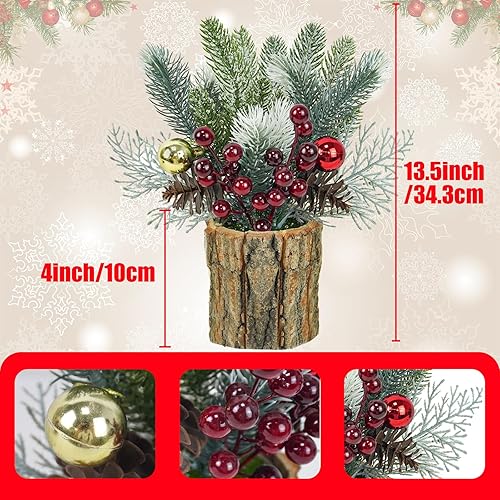 Miniatura 4 de Uieke Paquete de 2 pequeñas decoraciones de plantas de Navidad de 13.5 pulgadas, mini árbol de Navidad artificial en maceta con bayas rojas, adornos
