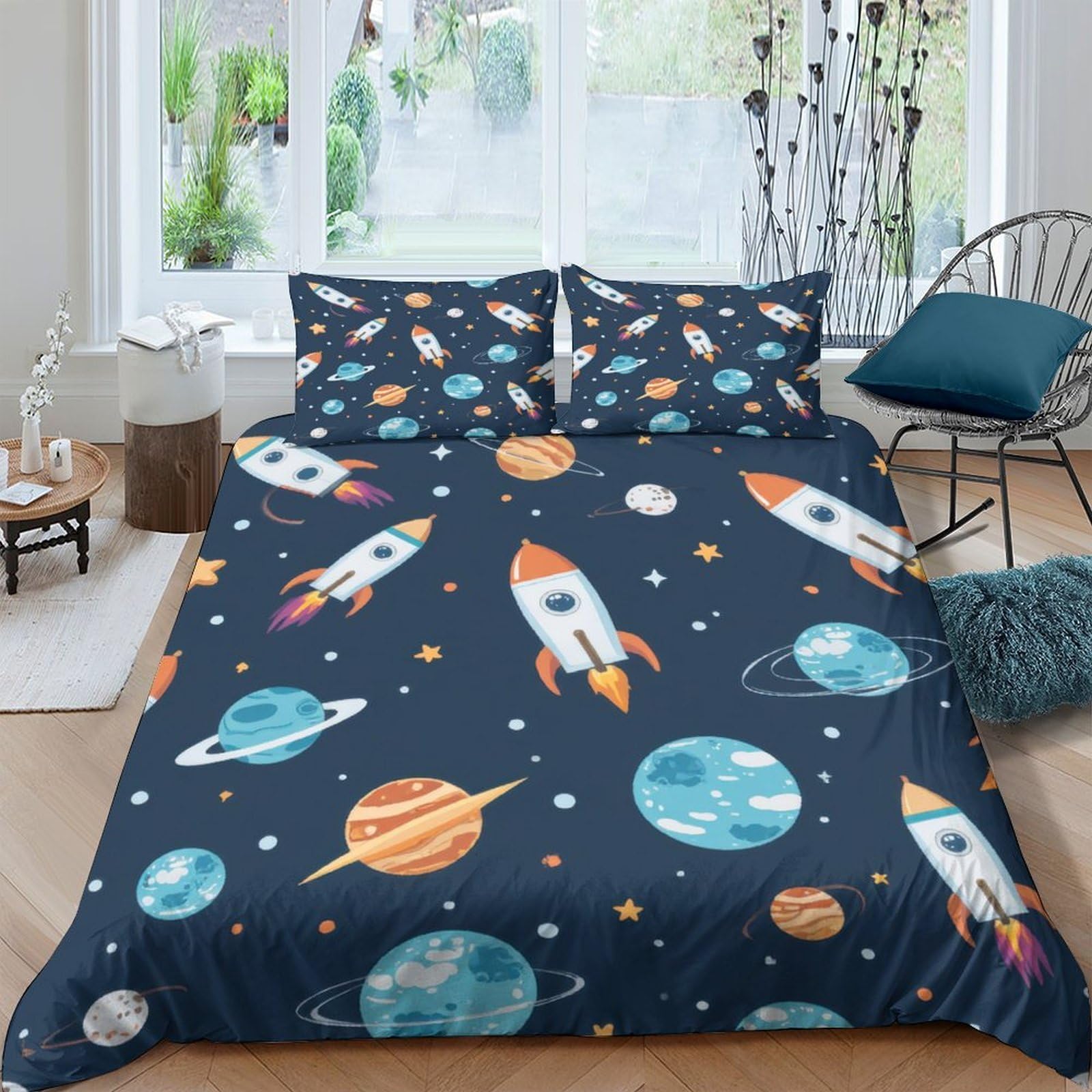 Ctjqhvkz Style-8 3D Printed Space Rocket Fitted Sheet Microfiber Dark Blue Planet Mattress Cover For Bedroom Dorm Decor Single（135X200cm）