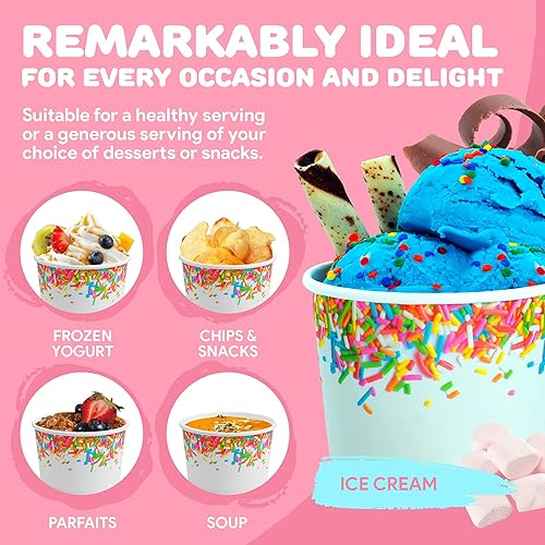 Miniatura 7 de Vasos de helado de papel premium, paquete de 50 tazas desechables de postre de 8 onzas para bebidas calientes y frías, diseño de espolvoreo de 8