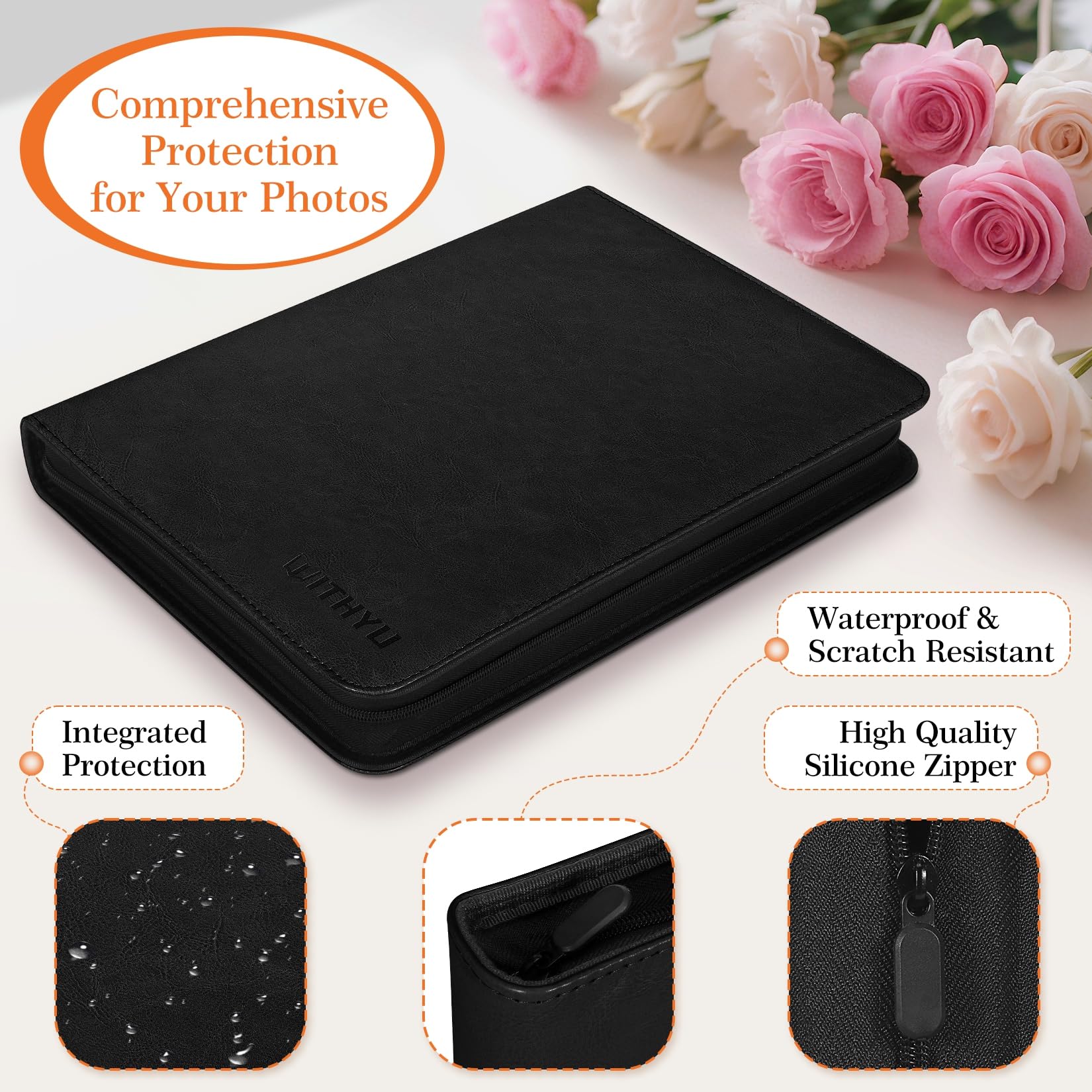 Álbum de Fotos A4 de Cuero PU con Fundas Transparentes Extraíbles - 30 Páginas (Tres Tipos de Bolsillos, Doble Cara) + Cremallera Impermeable - Para Fotos, Recuerdos de Bebé y Documentos (Negro)