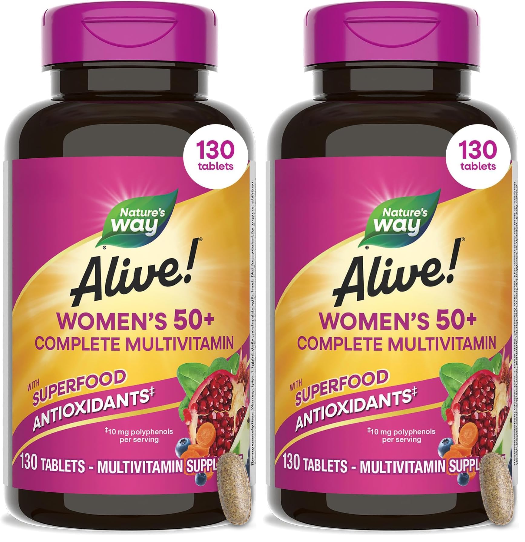 Nature's Way Alive! Women's 50+ Complete Multivitamins, Supports Healthy Heart, Brain, Bones*, Superfood Antioxidants, B-Vitamins, Gluten Free, 130 Tablets (Packaging May Vary),(Pack of 2) 130 Count (Pack of 2)