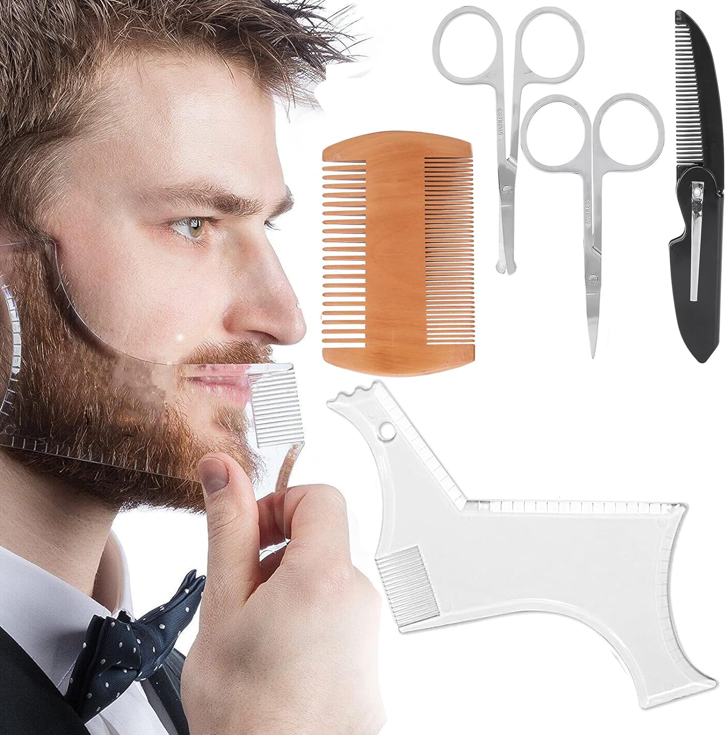 VELEGO Beard Shaping Tool, Beard Shaping Template & Guide, Transparent Beard Shaping Template Comb Scissors Beard Grooming Shaping Styling Set Comb & Scissors Beard for Men Works with any Electric