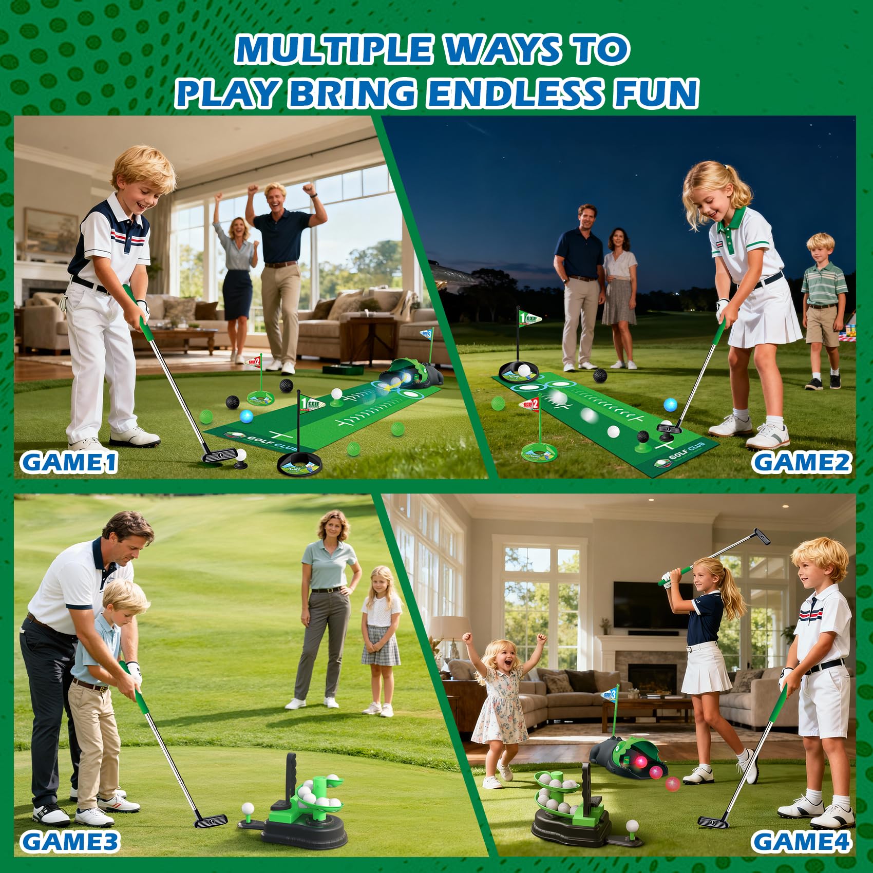 TERRAMUS Ensemble de Golf 3 en 1 pour Enfants, Jouet de Golf avec Lanceur de balles Automatique Dinosaure et balles Lumineuses LED, Mini-Golf intérieur/extérieur, pour garçons et Filles