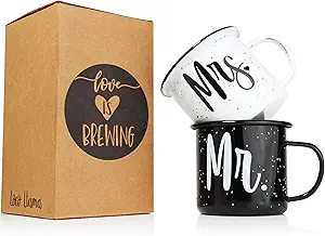 Mr and Mrs Coffee Mug Gift Set - Enamel Coated Stainless Steel Camping Mugs - Bride and Groom - Marriage Engagement Wedding Gift for Couples