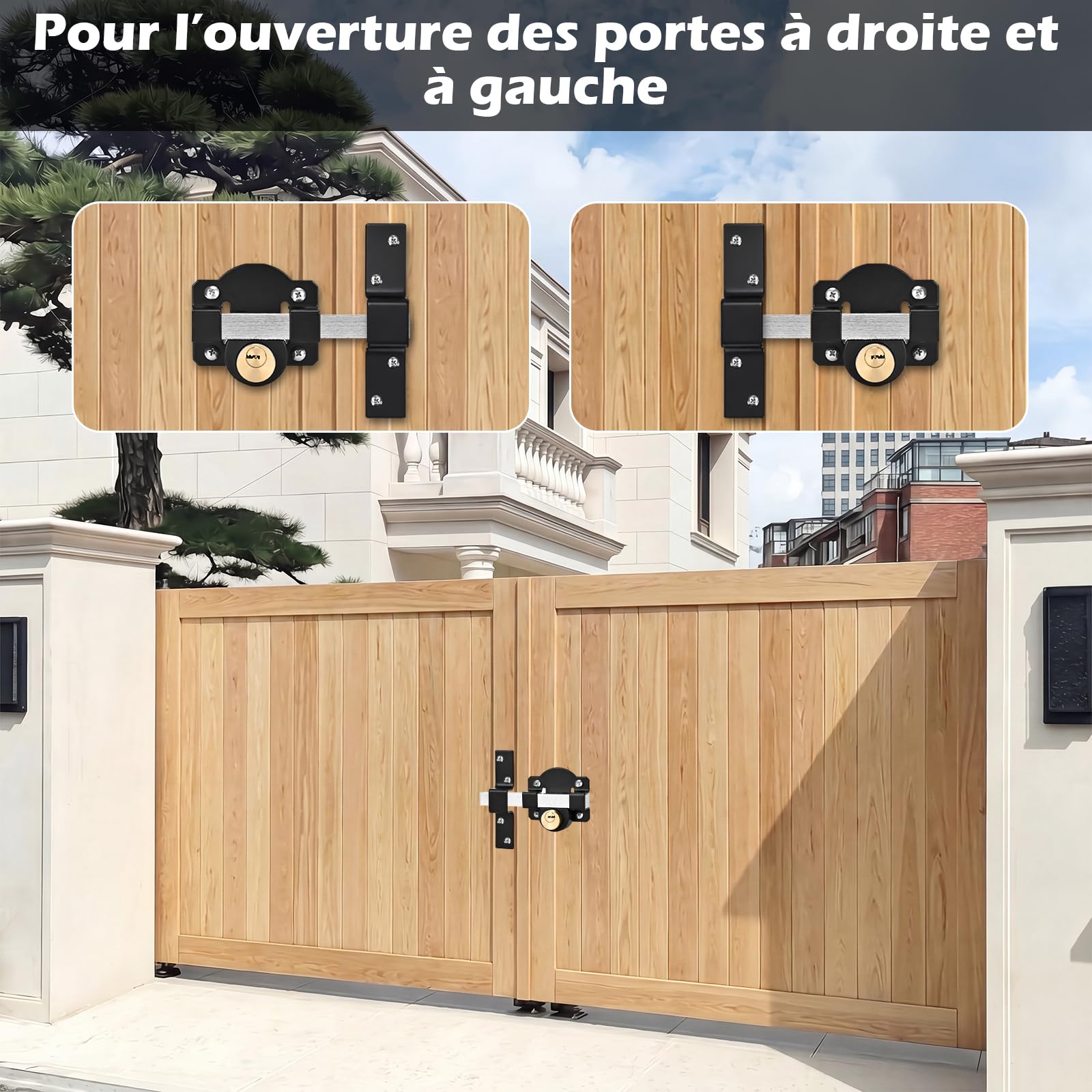 Serrure de portail à longue portée, convient pour porte droite et gauche, serrure à mortaise, verrouillage double face, 5 clés (50 mm)