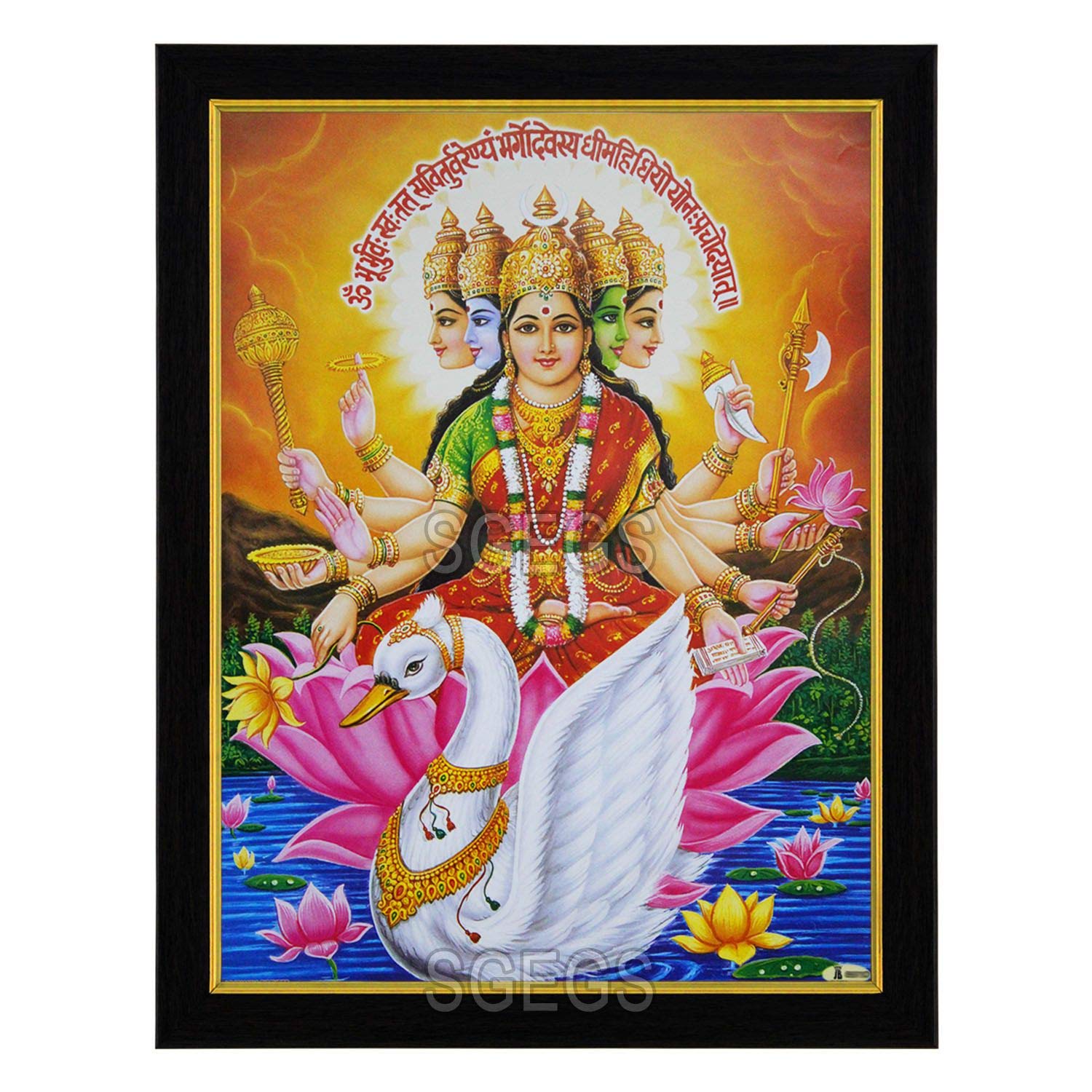 SHREE GANESH ENTERPRISE GIFTING SOLUTIONS Goddess Gayatri HD Photo Frame with Gayatri Mantra Gayathri Painting Pooja Wall Hanging (Wood, Poster with Frame, Multicolour, 25X1x31cm)