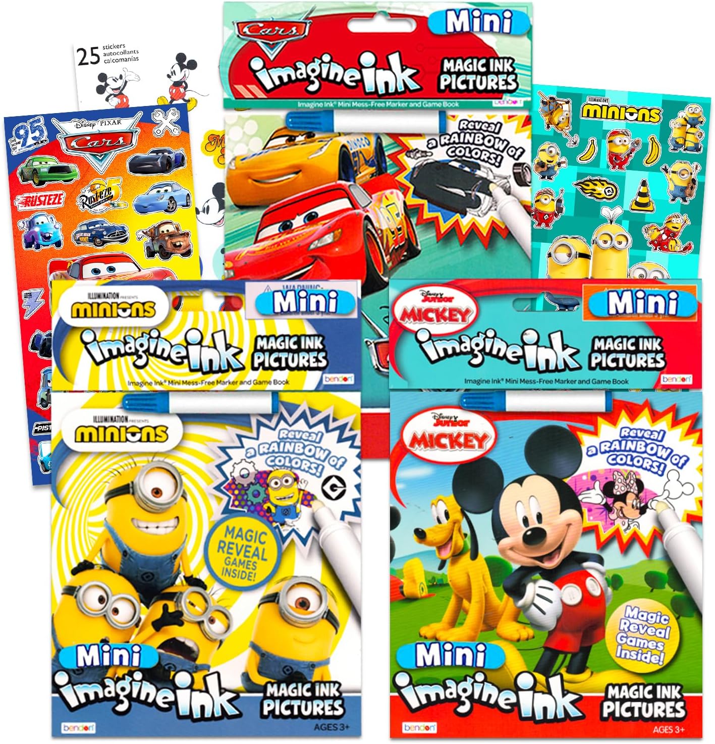 Disney Mickey Magic Ink Coloring Book Set - 3 Imagine Ink Books for Kids Toddlers Featuring Mickey, Disney Cars and Minions with Invisible Ink Pens and Stickers (Mess Free Coloring)