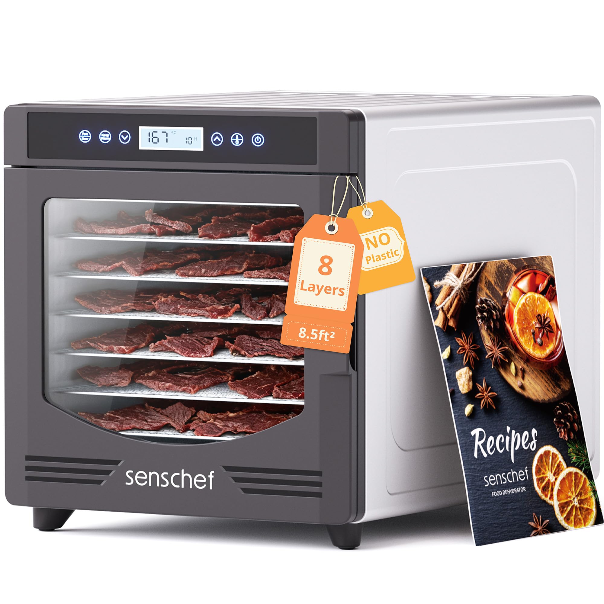 Food Dehydrator for Jerky, 8 Stainless Steel Trays, 50% More Space in Same Size, 600W Power &amp; 167°F for Healthier Jerky &amp; Pet Treats, Full Kit for Yogurt, Fruit &amp; More, 1-Year Warranty
