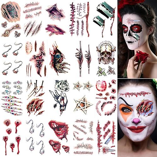 20 piezas de tatuajes falsos de cicatriz, calcomanías realistas de puntadas sangrientas, tatuajes falsos, tatuajes impermeables, calcomanías de