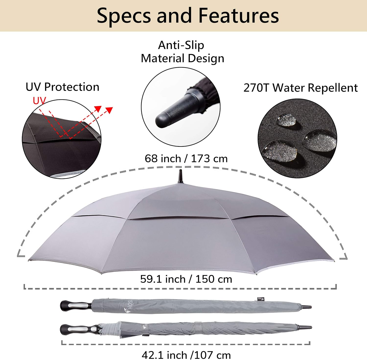 HOSA 54/68 Inch Automatic Open Golf Umbrella, Durable Extra Large Stick Umbrella, Windproof Water Resistant, Double Canopy, UV Protection, Multiple Colors for Men Women