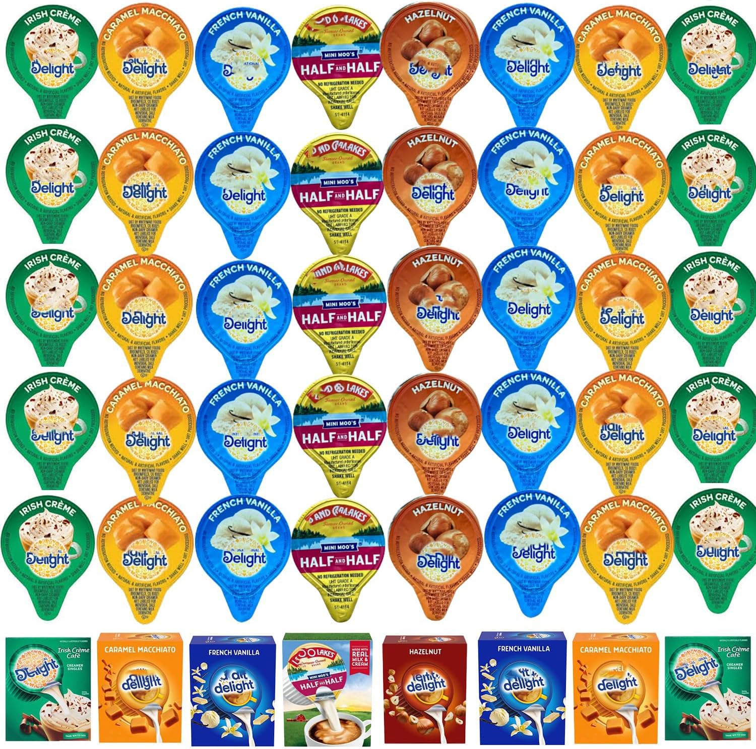 Coffee Creamer Singles Variety Pack Packaged by Bools, Mini Coffee Creamer & Mini Mooo's 5 Flavor Assortment (50 Pack) for Home, Office, Coffee, Bar, Gift