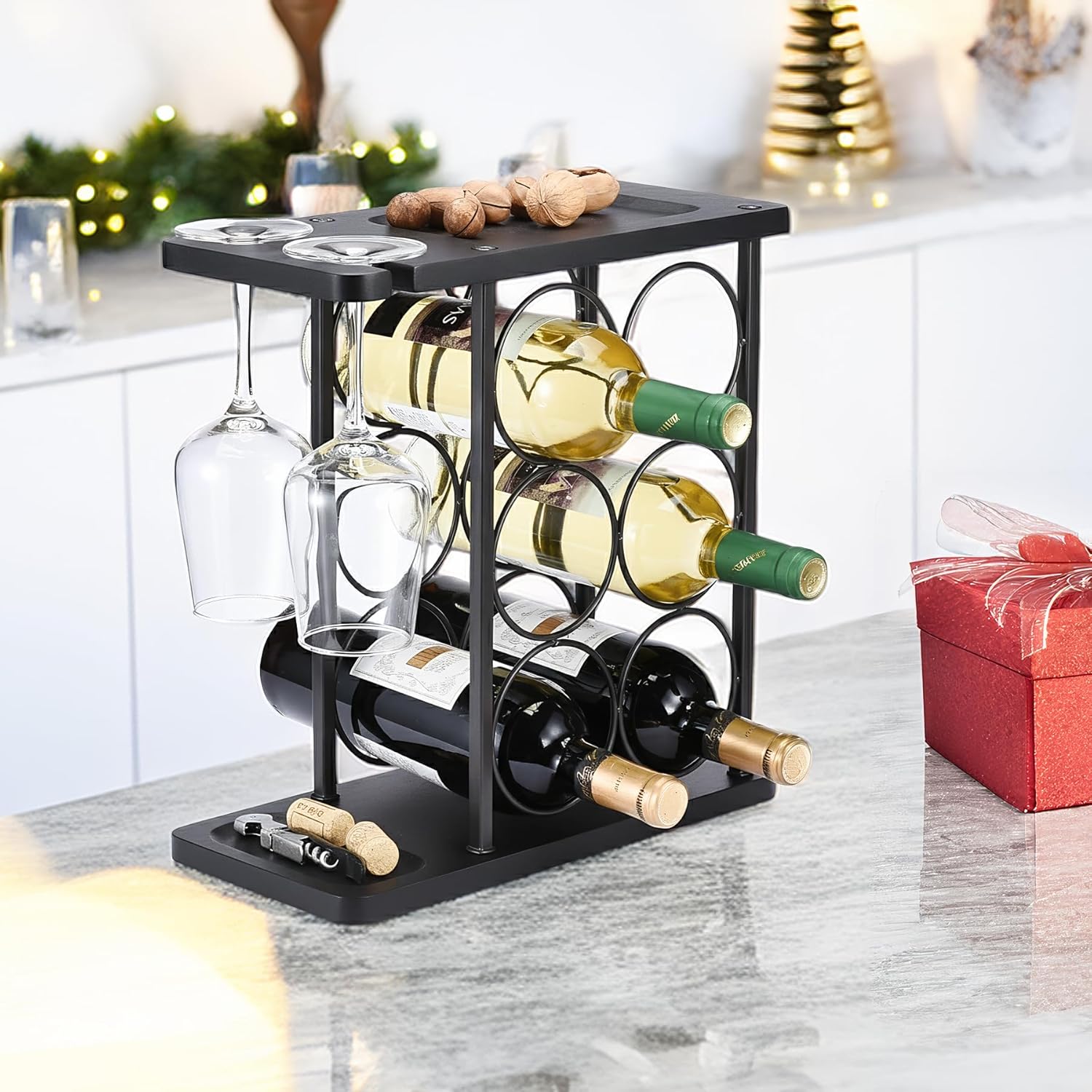 ALLCENER Modern Wine Rack Countertop, Matte Black 6 Bottle Wine Rack with Glass Holder, Metal Wine Holder Stand with Shelf & Corkscrew Tray for Home Bar & Kitchen
