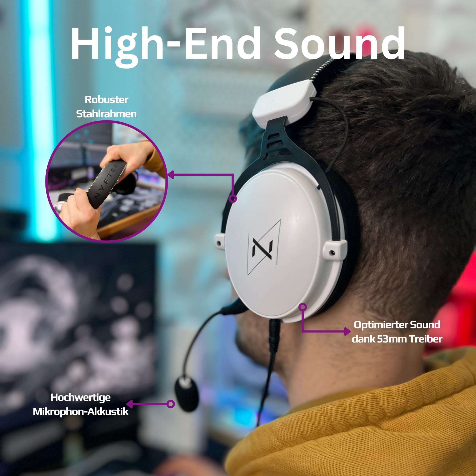 Nyfter - Premium zestaw słuchawkowy gamingowy 02/2024 Surround Sound Earpad z pianką memory do gier PC, Xbox, telefonów, PS, Switch, Xbox.