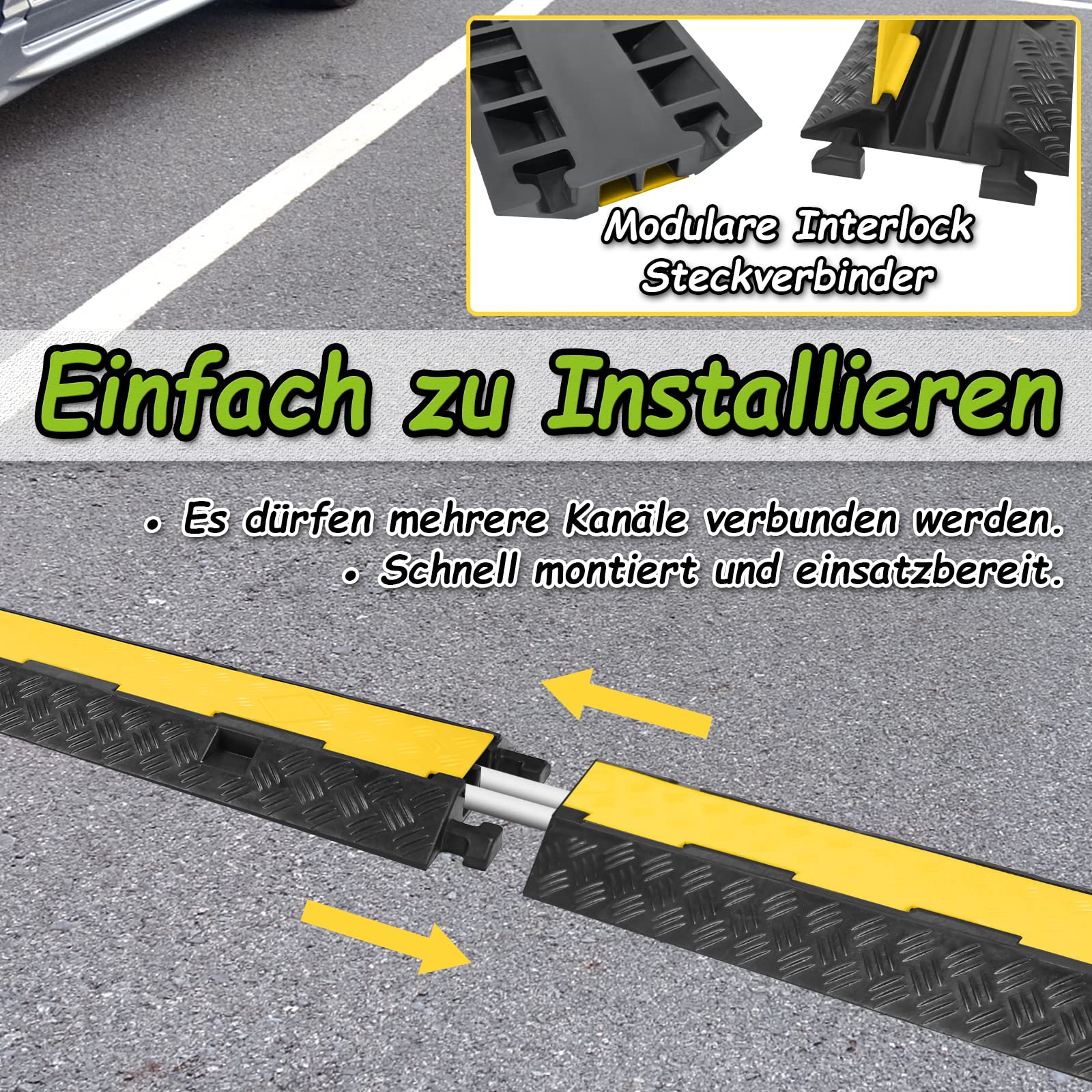 Froadp Lot de 6 Goulottes de Sol 100cm/3,32ft Revêtements de Câbles Couvertures Pont de Câble avec 2 Canaux Protection Anti-Collision Caoutchouc Cordons de Raccordement pour Parking Atelier Entrepôt