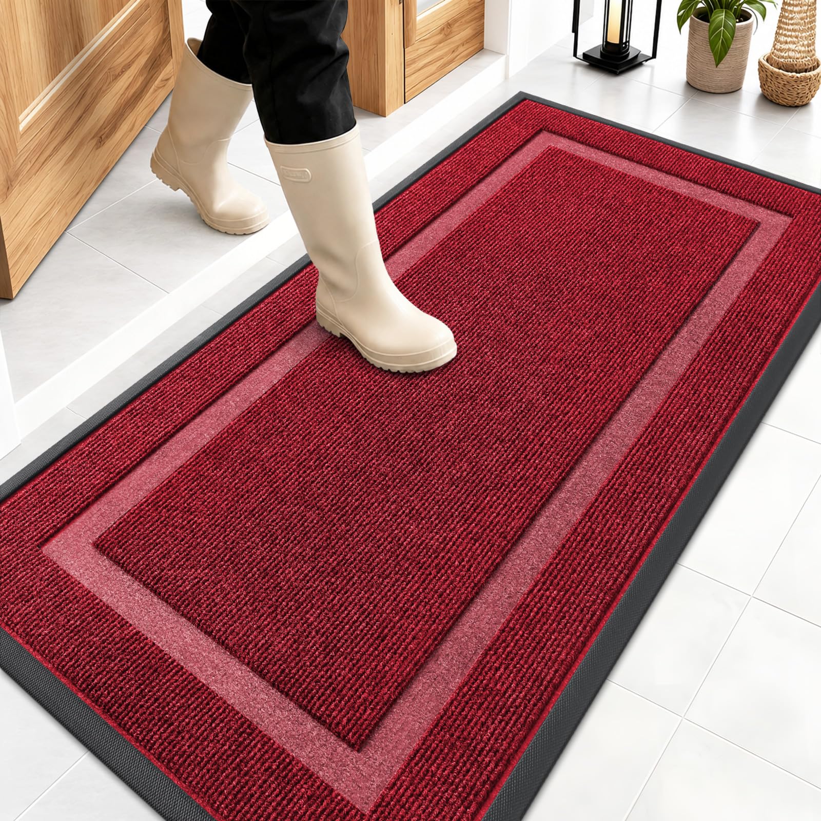 OLANLY Front Door Mat Outside 47x23, All-Season Heavy-Duty Rubber Doormat | Wine Red, Absorbent, Stain and Fade Resistant, Waterproof Non-Slip Backing, Low-Profile Indoor Outdoor Floor Mat for Entryway