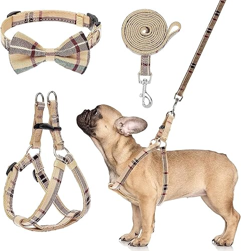 Juego de arnés para perro con correa y collar de corbatín, arnés a cuadros beige para cachorro, chaleco ajustable sin tirones para caminar al aire Juego de arnés para perro con correa y collar de corbatín, arnés a cuadros beige para cachorro, chaleco ajustable sin tirones para caminar al aire