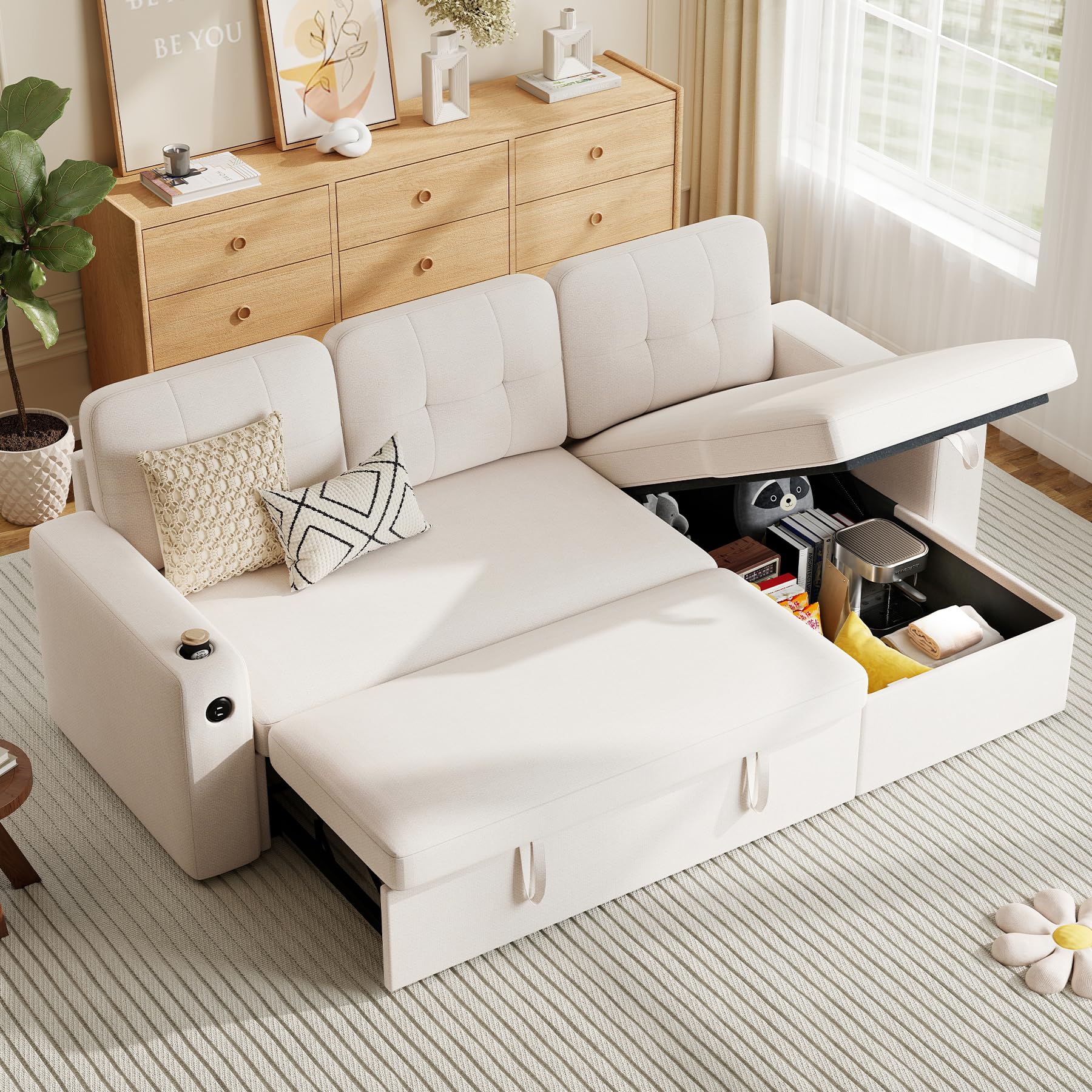 83'' Pull Out Sofa Bed, 2 in 1 Convertible Comfy Linen Couch with Storage Chaise & USB Charging, Modular Sleeper Sofa Couches for Living Room Apartment,Beige 1 PCS