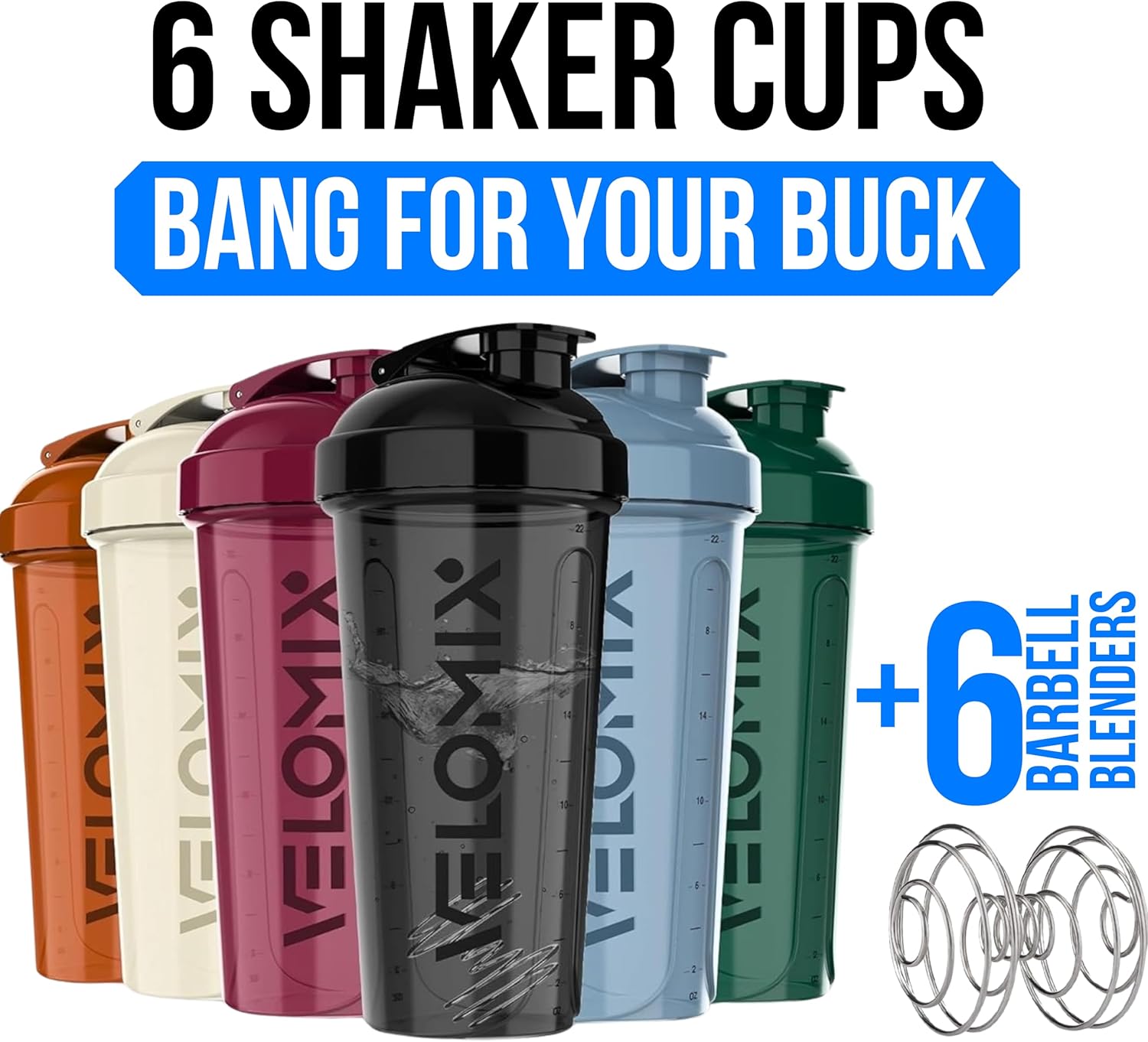 VELOMIX -6 PACK- 28 oz Protein Shaker Bottle for Protein Mixes - 6x Wire Whisk | Leak Proof Shaker Cups for Protein Shakes | Protein Shaker Bottle Pack | Protein Shake Cup (Earth Tones Collection) - Image 2
