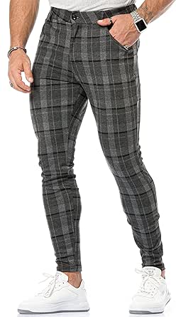 CANGHPGIN Mens Plaid Stretch Dress Pants Slim Fit Skinny Chino Pants Tapered Men Checkered Business Casual Pants