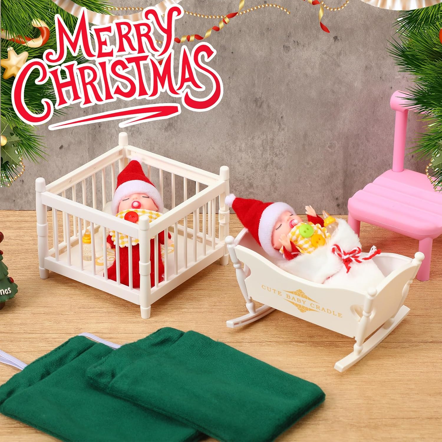 Gemscream 17 Pcs Funny Christmas Elves Tiny Gift Red Christmas Sleeping Elves Toy Feeding and Caring Set Accessories with Mini Cradles Bed Small Bottles Bibs Birthday Party Gifts Xmas Stocking Stuffer