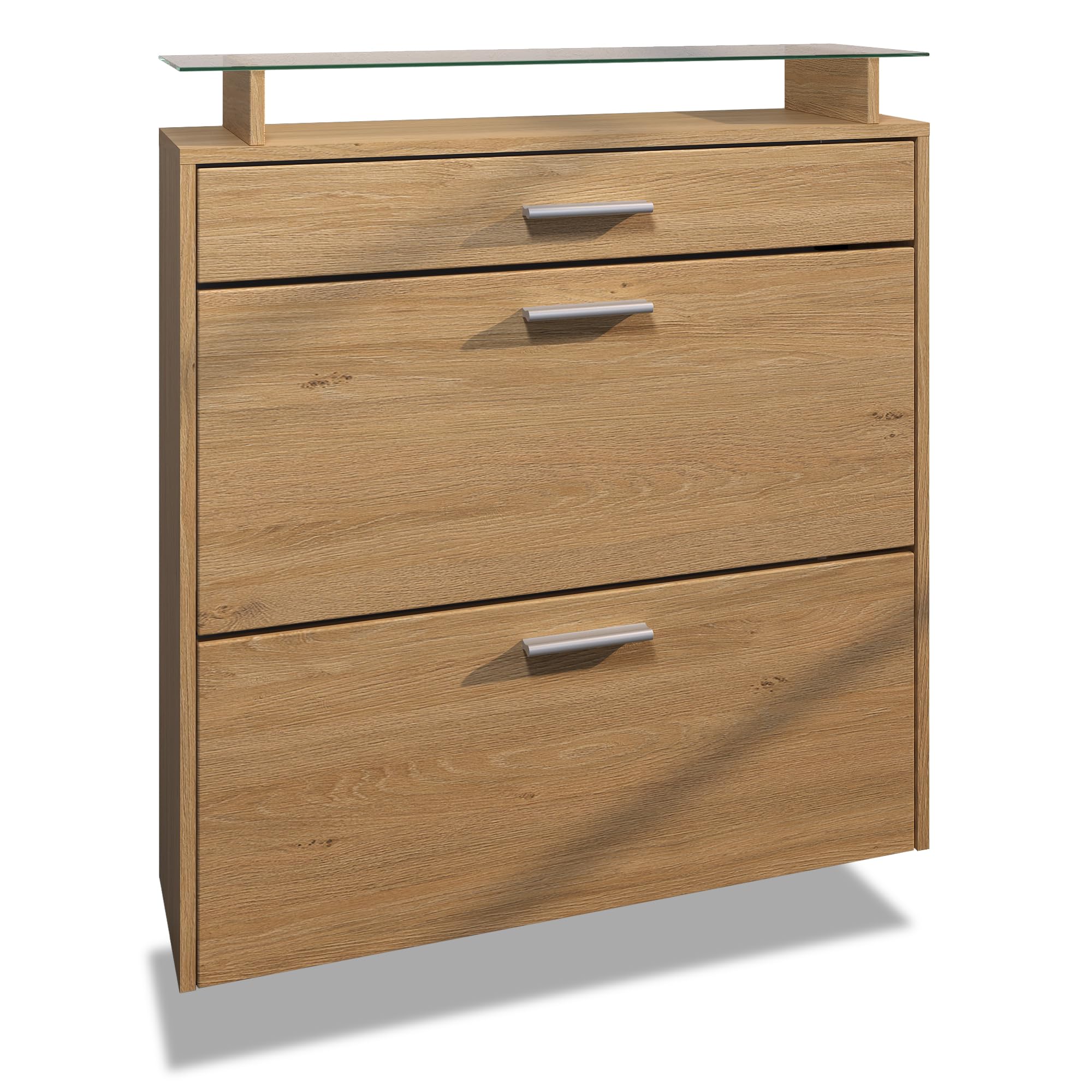 Vladon Schuhschrank Malea, hängender Schuhkipper für 16 Paar Schuhe mit 1 Schublade, Schuhregal in Eiche Skandi/Eiche Skandi (89 x 95,5 x 23 cm)
