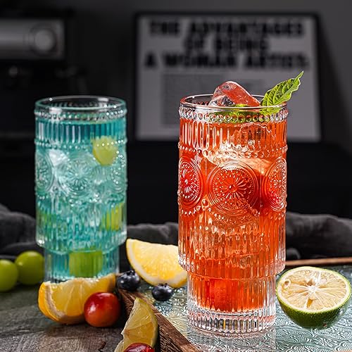 Miniatura 7 de Gafas de diseño en relieve, 8 vasos Highball, cristalería vintage a rayas acanaladas de 16 onzas para cóctel, whisky, jugo