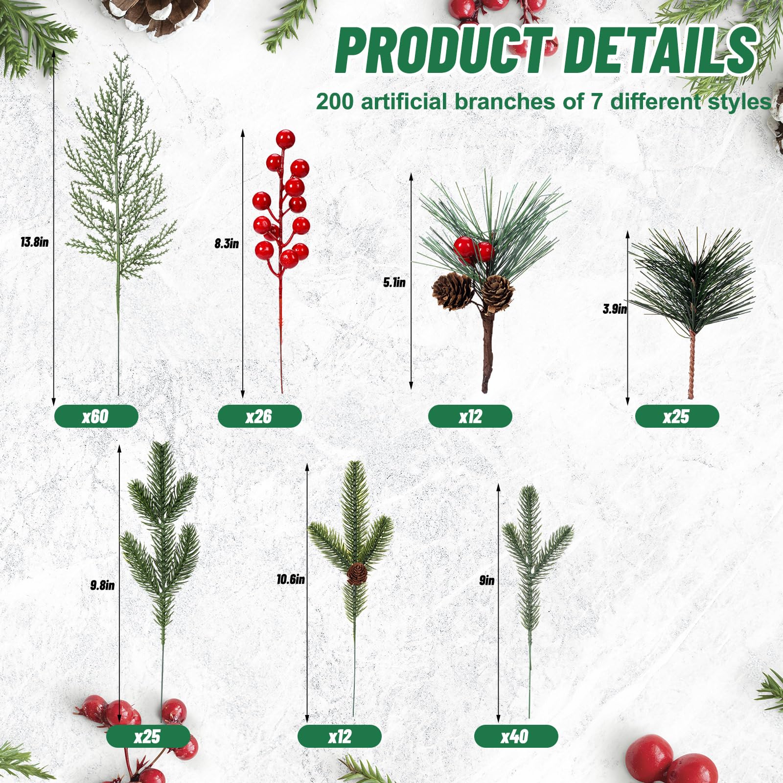 200 agujas de pino artificiales de Navidad, ramas, guirnaldas, tallos de bayas rojas, púas de pino con piña artificial con bayas rojas y piñas naturales para coronas de bricolaje