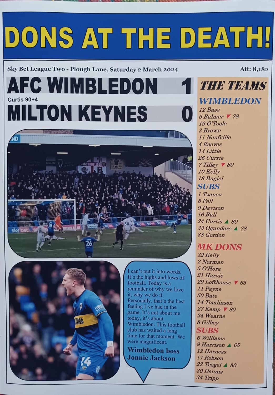 Assorted AFC Wimbledon 1 MK Dons 0-2024 League Two - souvenir print
