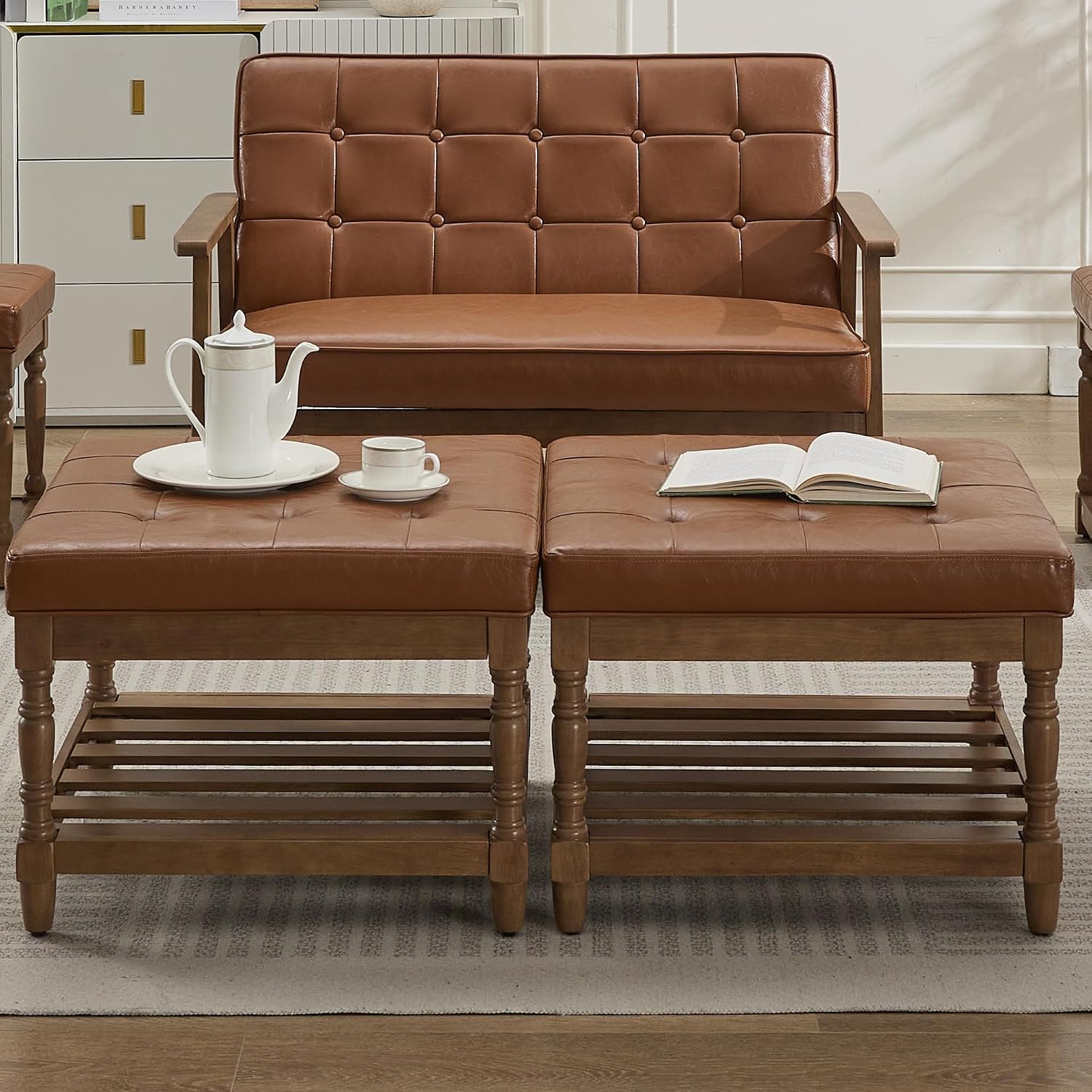 Coffee Table - Brown, Leather, Wood, Square, Tufted
