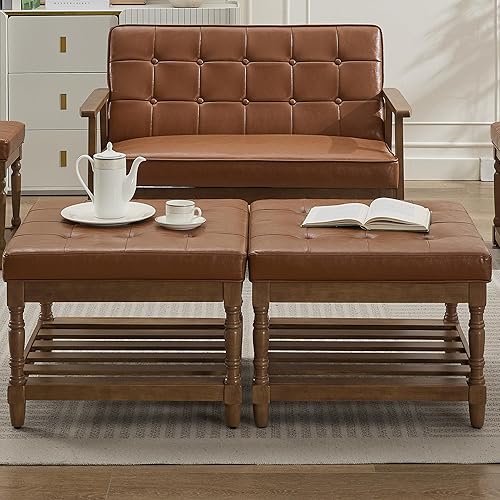 UEV Juego de 2 mesas de centro otomanas de cuero, tapizadas cuadradas, reposapiés otomana, mesa de centro moderna de mediados de siglo con marco de