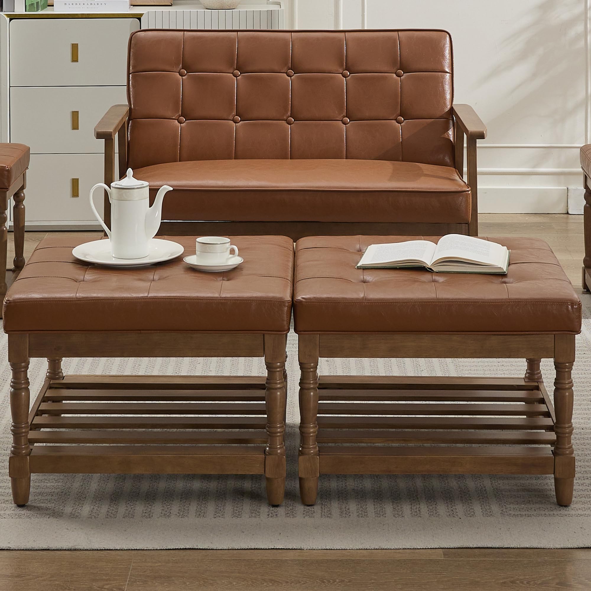 UEV Leather Ottoman Coffee Table Set of 2,Square Upholstered Storage Ottoman Foot Rest,Mid Century Modern Coffee Table with Solid Wood Frame and Roman