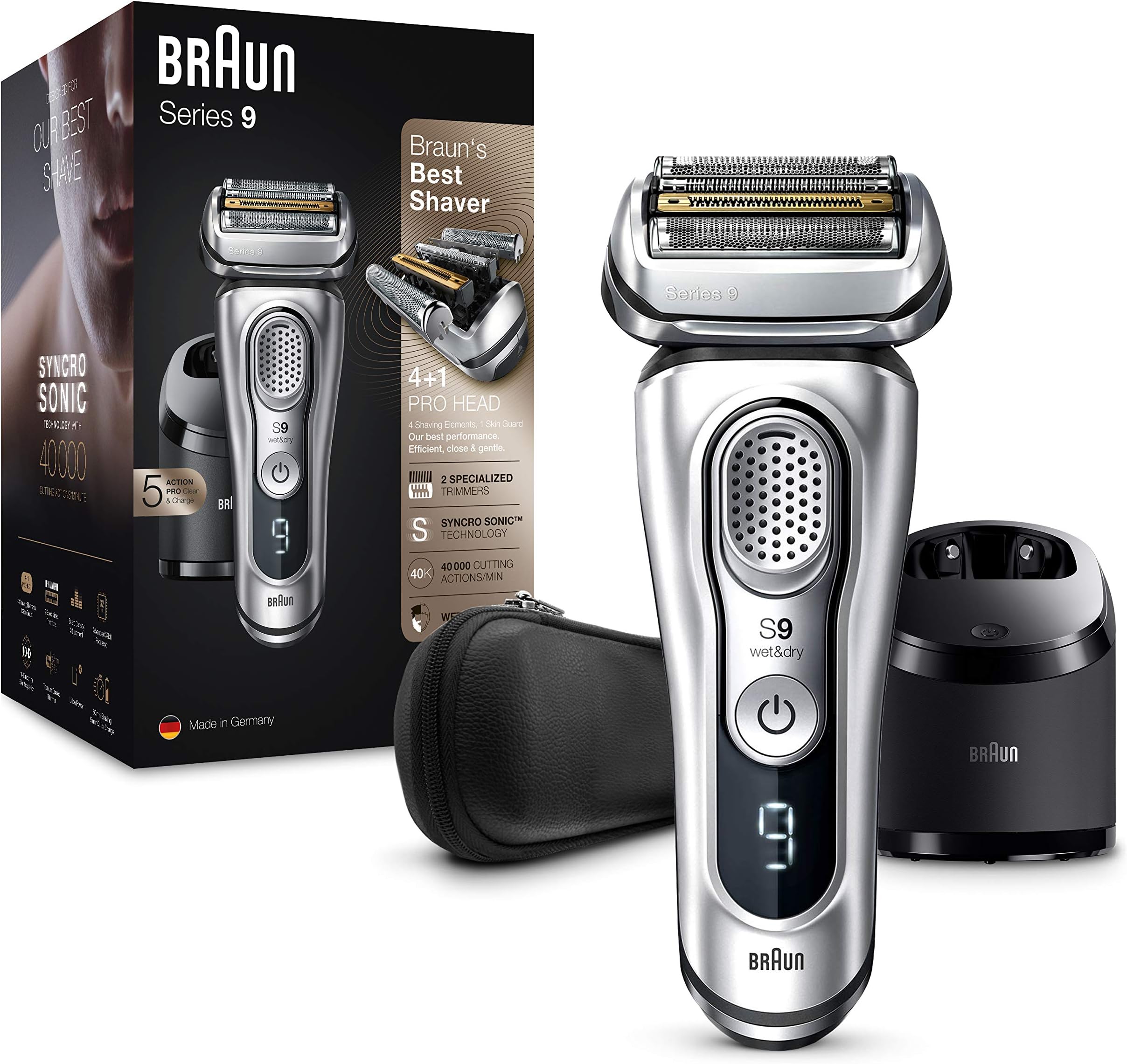 Braun Series 9 Electric Shaver With Clean & Charge Station & Leather Case, Flawless Shave, 100% Waterproof, 2 Pin Bathroom Plug, 9390cc, Silver Razor