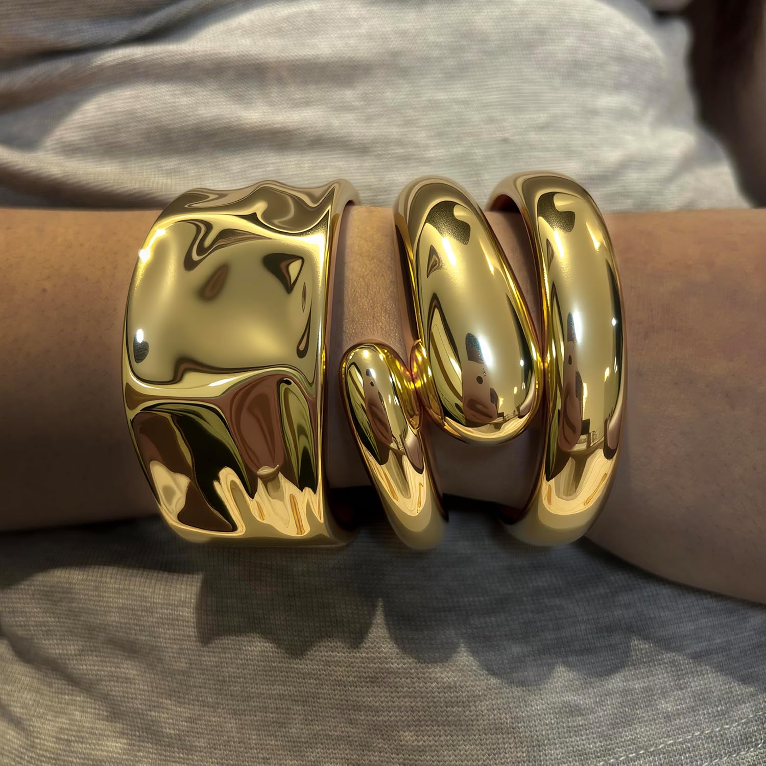 Chunky Bangle Bracelets for Women,14k Gold Plated Dainty Cuff Stackable Bangles Set,Trendy Statement Cuff Bracelet Fashion Jewelry - Image 3