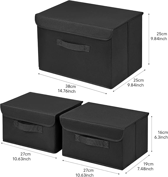 DIMJ 3 Pack Foldable Storage Boxes with Lids - Collapsible Storage Bin with Handle, Fabric Storage Basket Organiser Box for Wardrobe, Closet, Shelf, Office (Black)