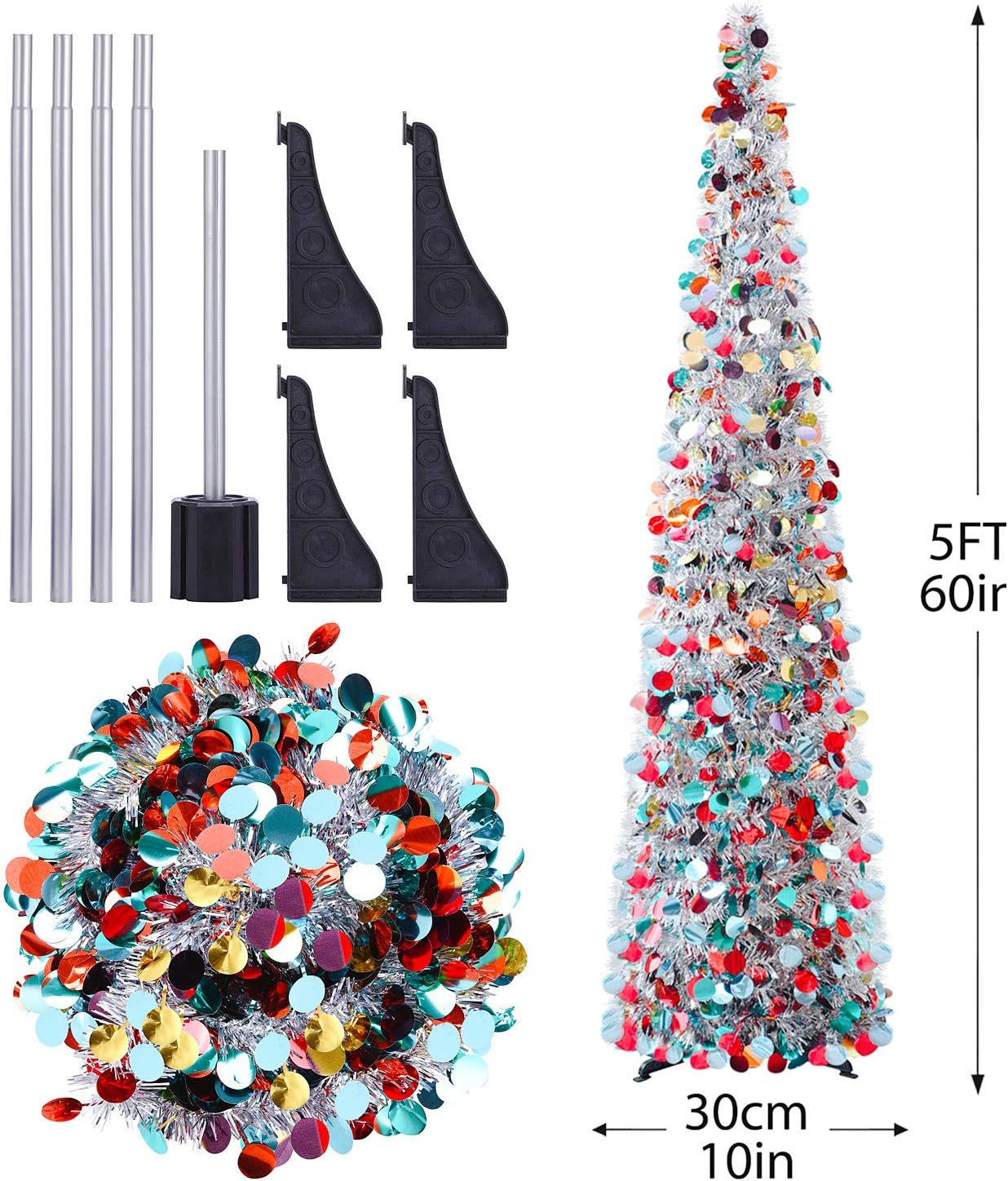 DOYOLLA Collapsible Artificial Pencil Christmas Tree, Pop Up Tinsel Coastal Xmas Tree for Home & Party & Office & Fireplace Holiday Decorations (Silver, 5ft)
