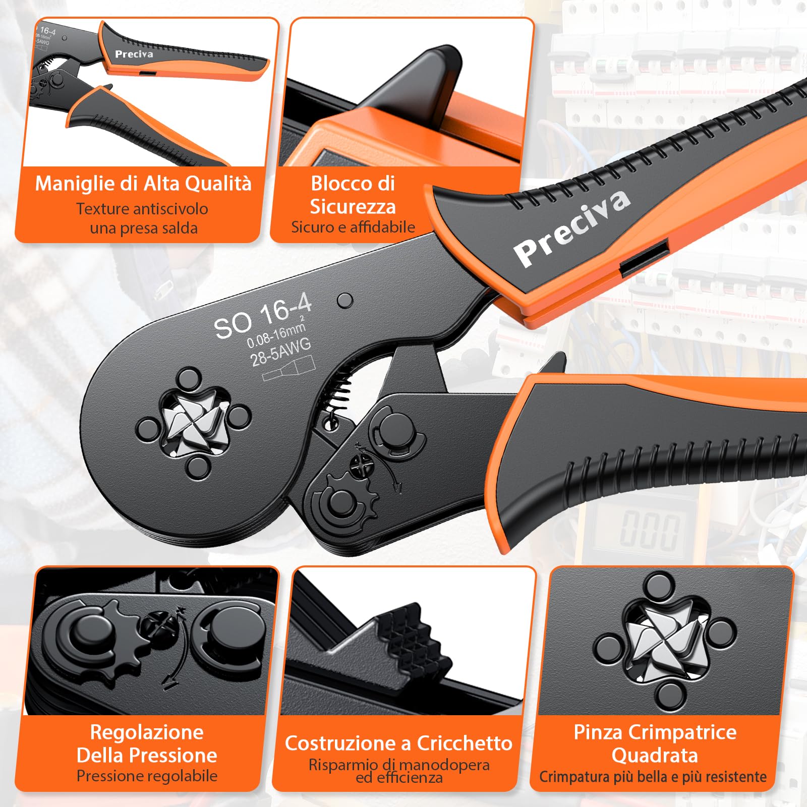 Preciva Set Pinza Crimpatrice con 1500 Puntalini Pinza Crimpatrice a Cricchetto 0,08–16mm² AWG28–5, Crimpa Puntalini/Capicorda Isolati e Non Isolati, Pinza a Crimpare Quattro