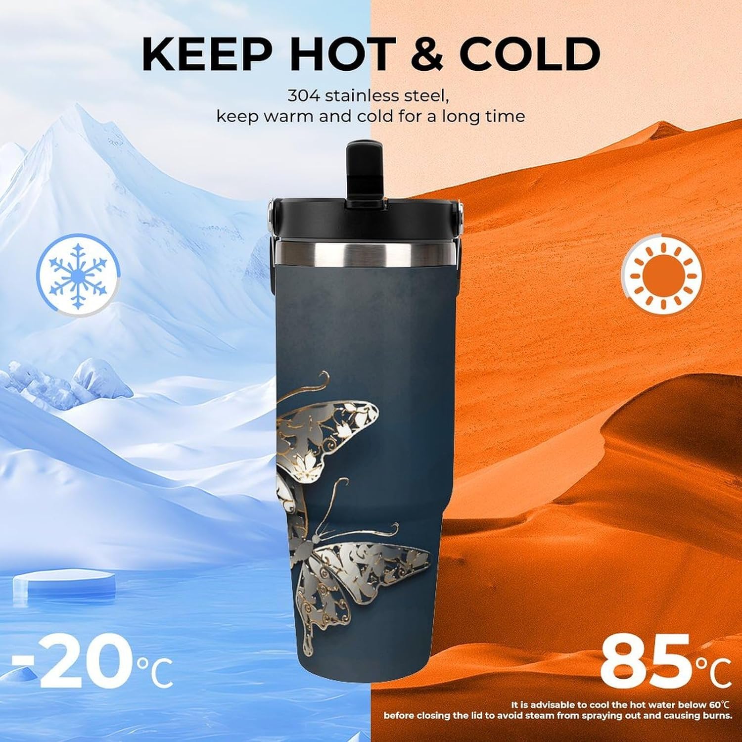 3d Metalic Butterfly Water Bottle 30 Oz Fits Car Cup Holder,Insulated Coffee Mug Large Capacity Car Cups,Stainless Steel Double Wall Sport Bottle for Travel Sports Gym