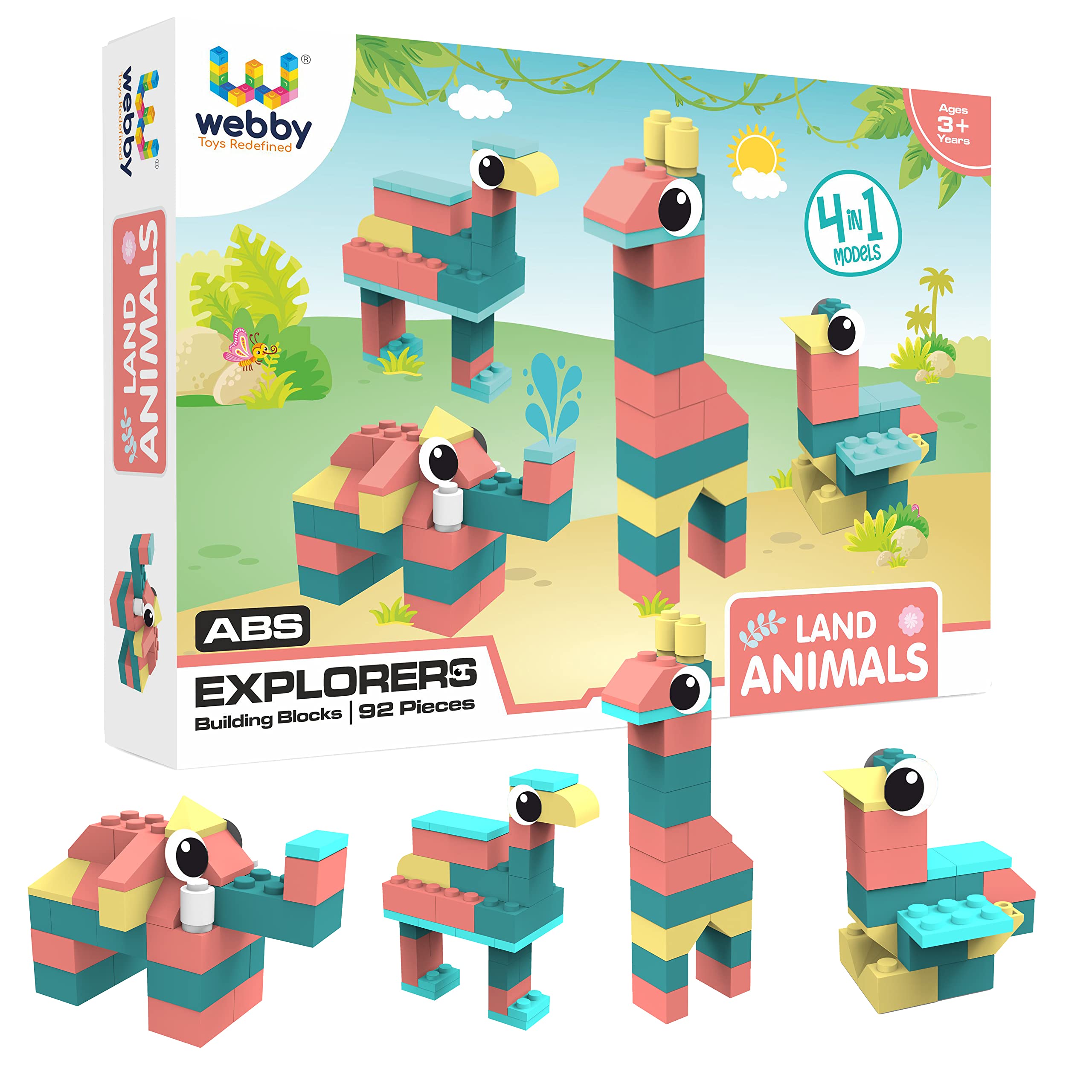 Sponsored Ad - Webby 4 in 1 Land Animals ABS Building Blocks Kit, Bricks and Blocks Construction Play Set, Fun Creative Toy Set for 5+ Years Kid (92 Pcs)