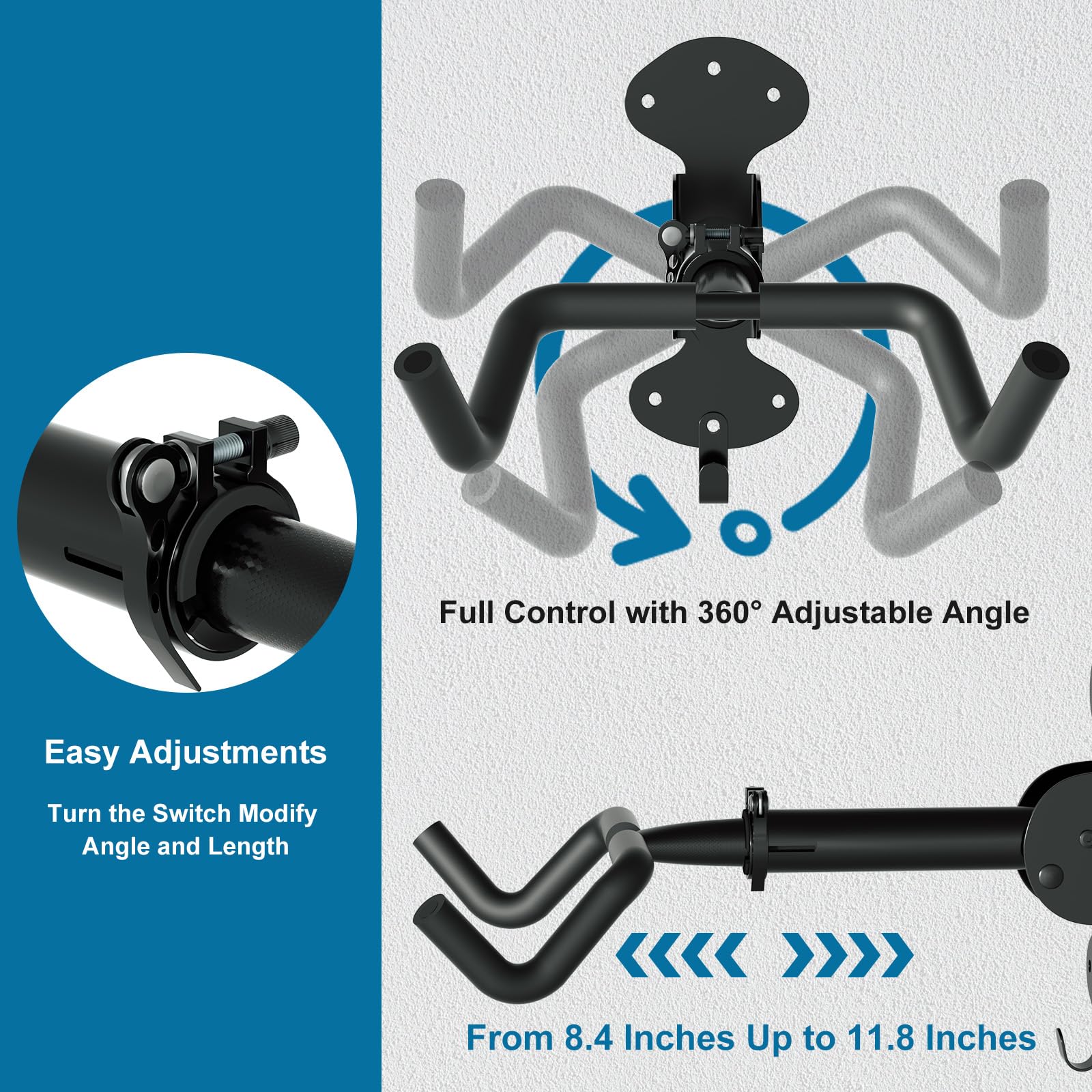 Urban Deco Bike Wall Mount 2pcs Bike Hanger with 66lbs Weight Capacity 360° Adjustable Angle Soft Padding Protection Bike Rack Garage Extendable by 6in for Home and Garage Use - Image 4