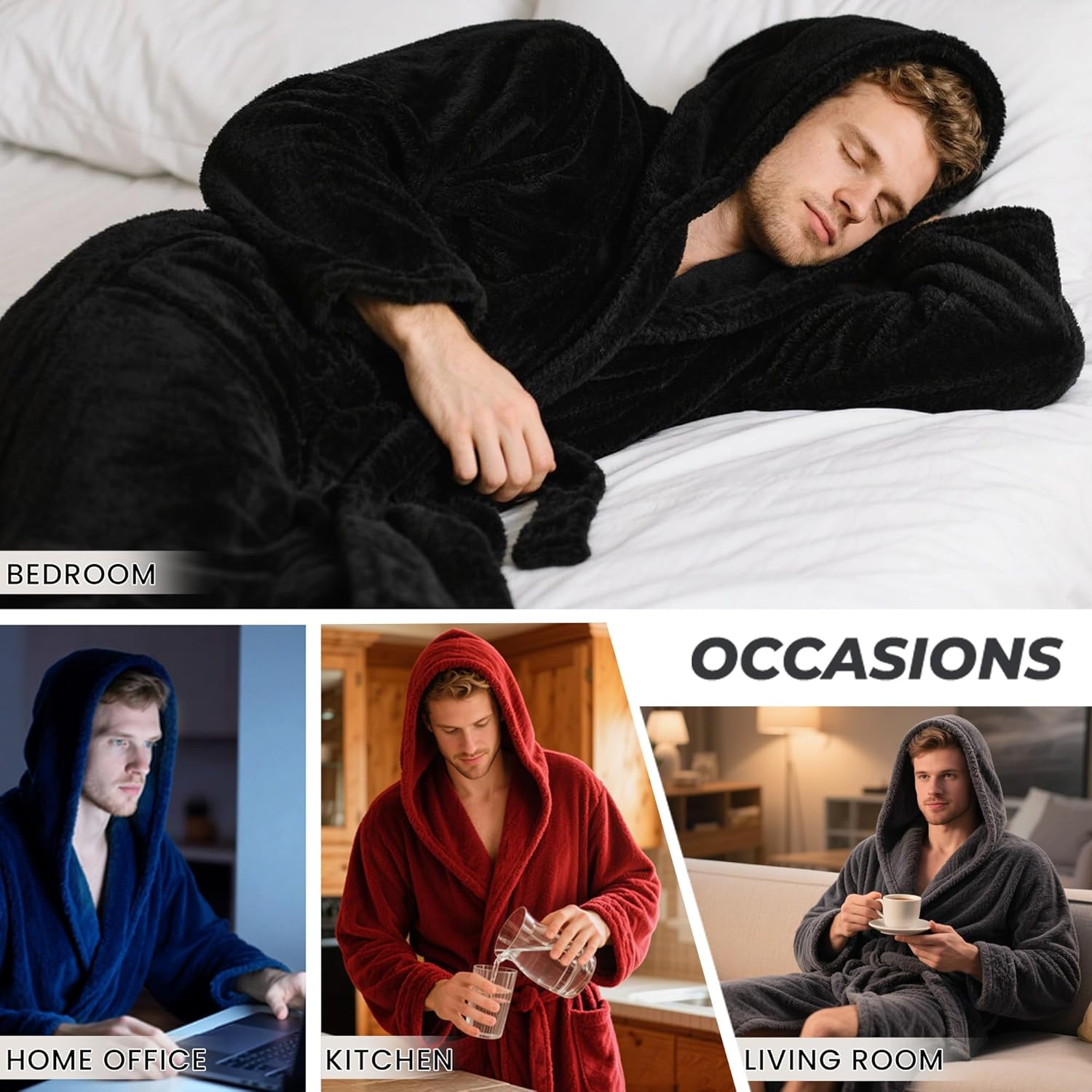 Vulcanodon Mens Robe Big and Tall with Hood, Full Length Plush Robe for Men Long Fleece Bathrobe - Image 5