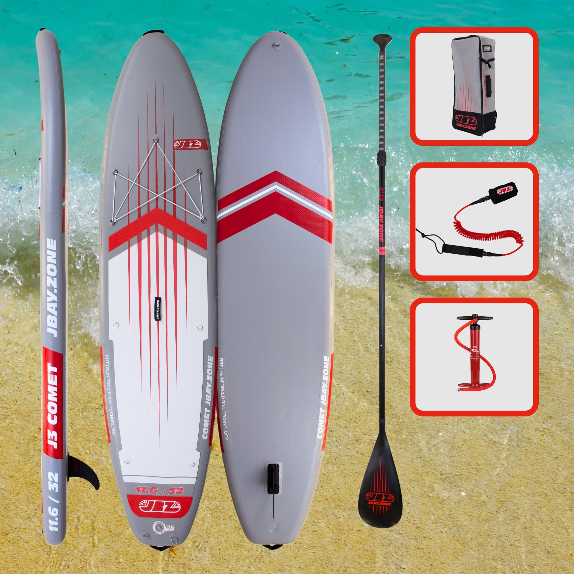 JBAY.ZONE Comet J3, Tavola Stand Up Paddle Gonfiabile Allround, Doppio Strato di PVC Fusion, Pompa a Doppia Azione, Pagaia Regolabile e Borsa Incluse, Fino a 160kg, 350x81x15 cm, Rail Termosaldato RRT