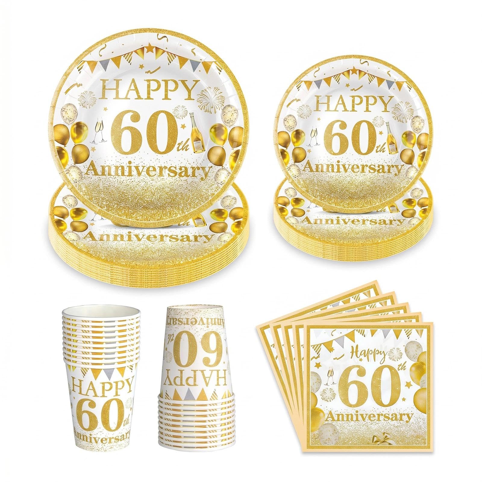 100Pcs 60th Anniversary Party Tableware Set, Gold White Anniversary Decorations, Disposable Paper Plates Cups Napkins for 60th Wedding Milestone Celebration Supplies