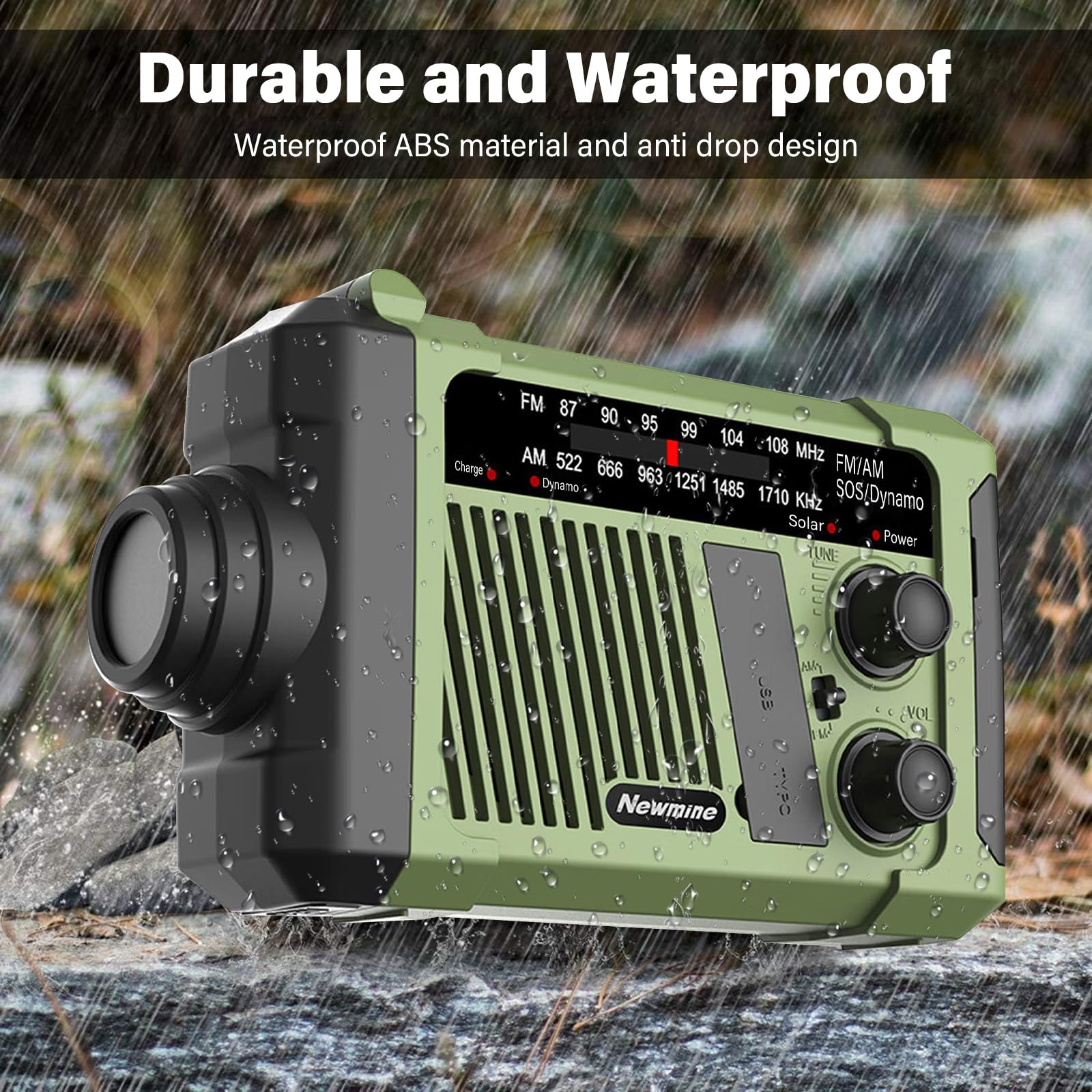 Radio korbowe, 1800 MA, radio awaryjne, solarne radio z korbą, do użytku na zewnątrz, na kemping, w sytuacjach awaryjnych, SOS, wytwarzanie prądu za pomocą korbki ręcznej, zielone (160 x 96 x 56 mm)
