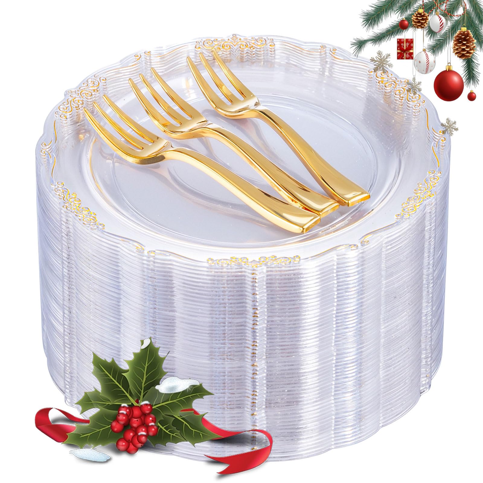 LIYH 200 Pcs Clear Gold Plastic Dessert Plates 7.5"and Cake Forks 5" - Clear Small Cake Plastic Plates and Gold Forks for Parties Wedding Birthday
