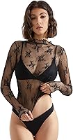 SUUKSESS Women's Sexy Sheer Mesh Long Sleeve Mock Neck Lace Top - Breathable Stretchy Going Out Blouse