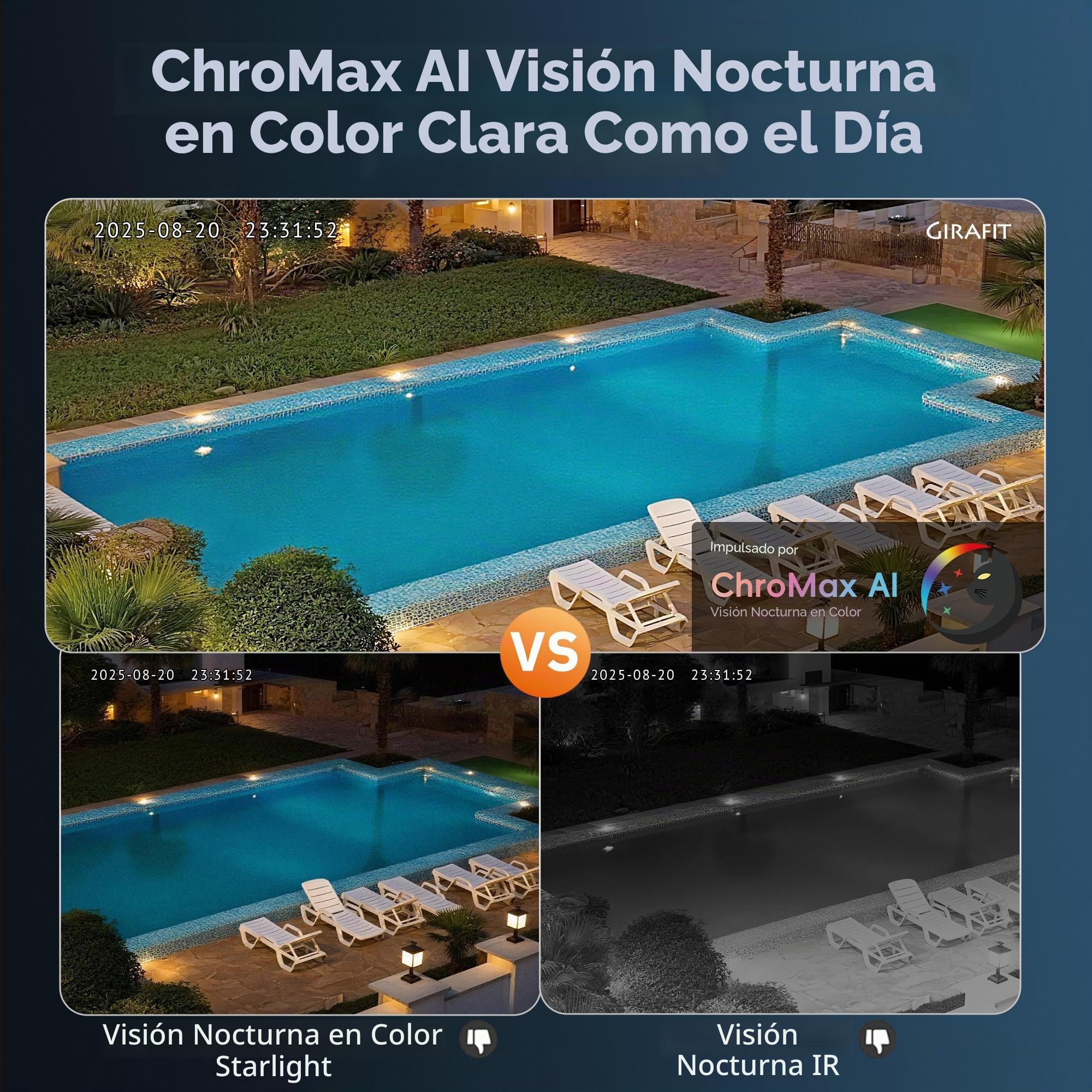 Girafit Cámara de Ventana 2K 3MP con inclinación de 20° para Segundo Piso, cámaras WiFi de 2.4 GHz/5 GHz para Seguridad del hogar, visión Nocturna a Color ChroMax AI, cámara de Ventana Interior para